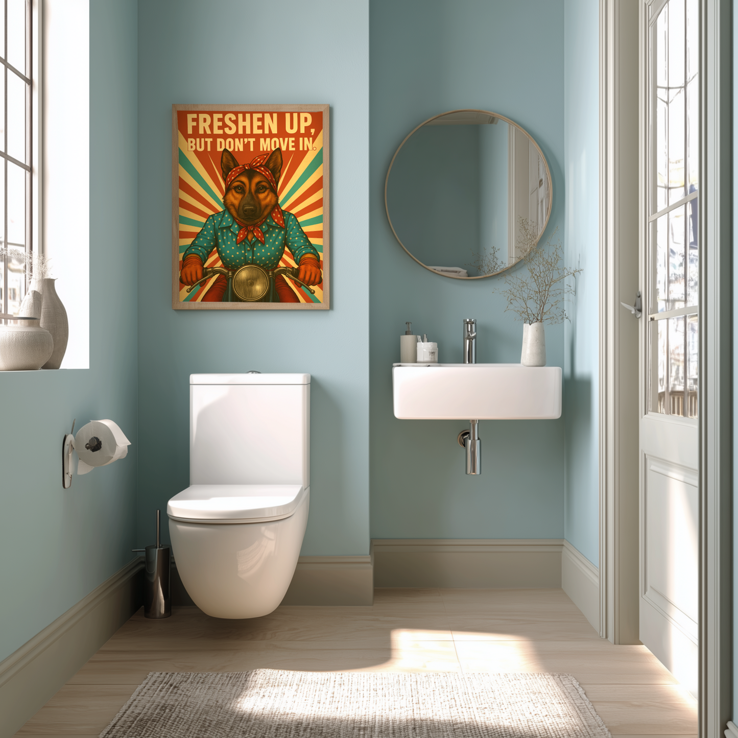 Vintage Sass: German Shepherd Bathroom Sign for Short Visits Only