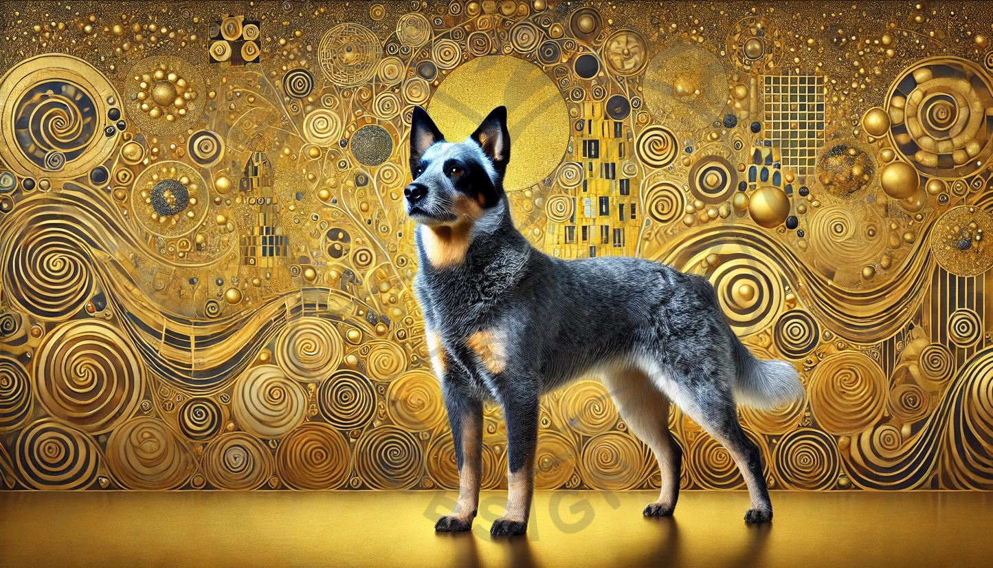 a dog standing in front of a golden background