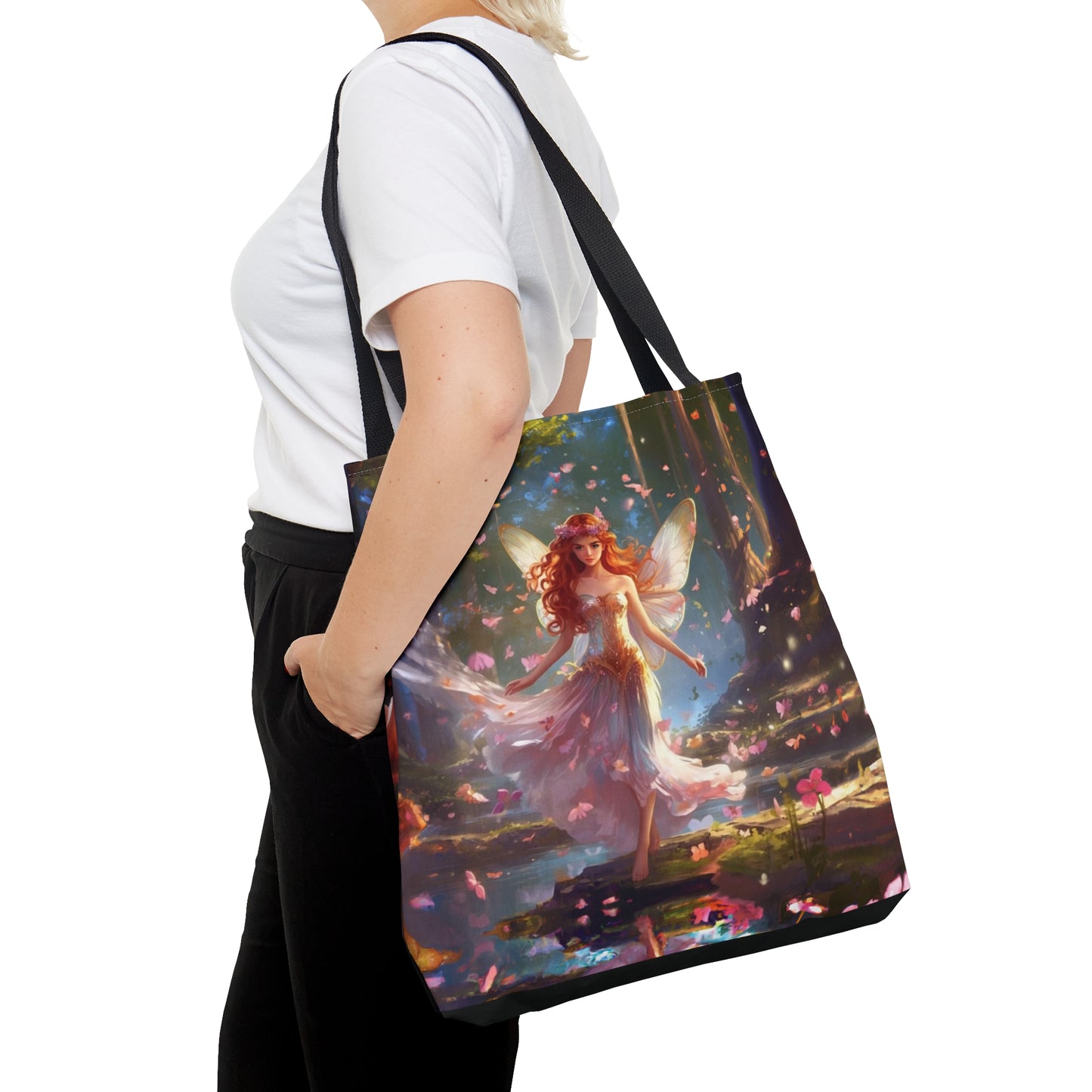 Blushing Fairy Enchantment Tote Bag: Pink Whimsical Design with Black Handles