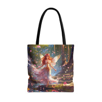 Blushing Fairy Enchantment Tote Bag: Pink Whimsical Design with Black Handles