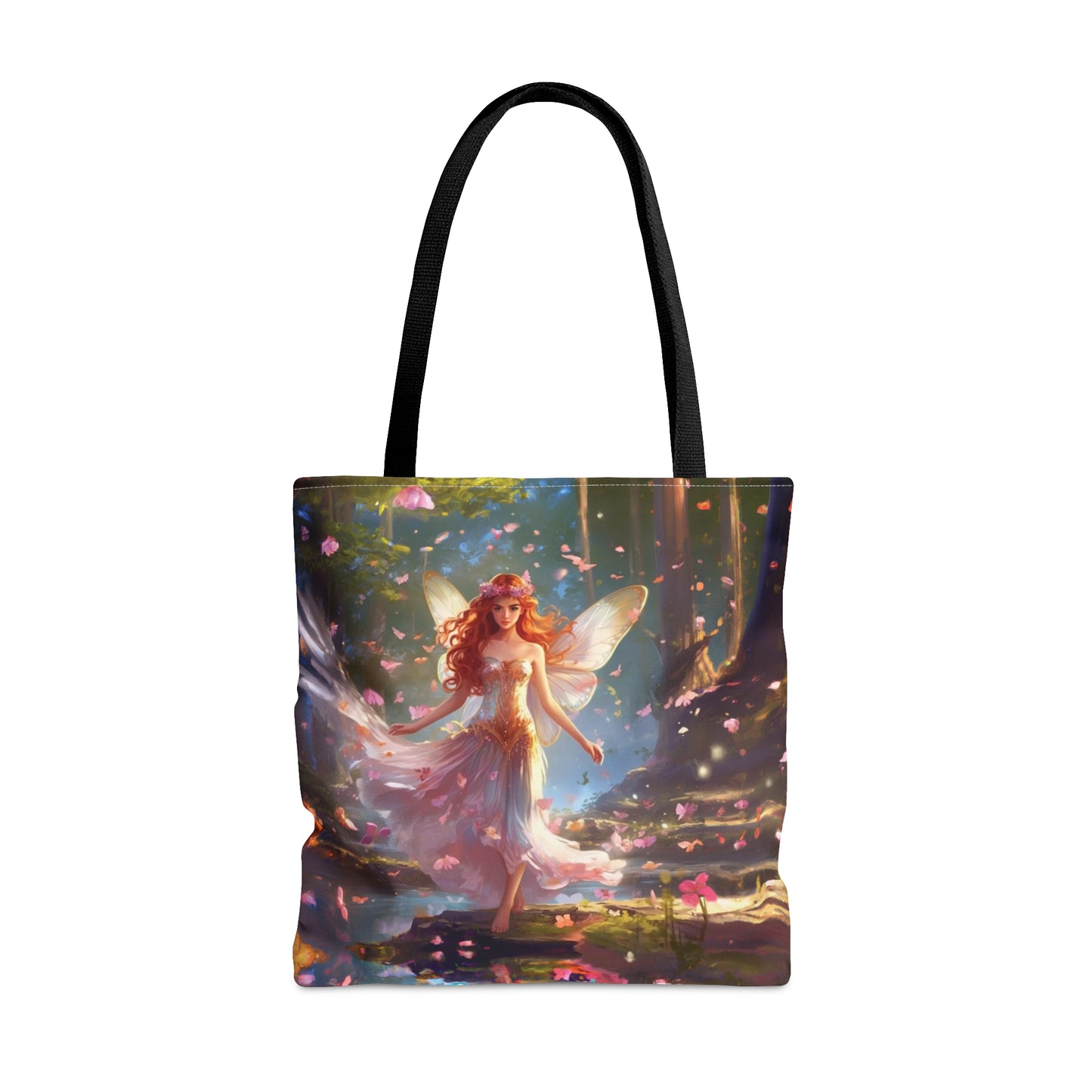 Blushing Fairy Enchantment Tote Bag: Pink Whimsical Design with Black Handles