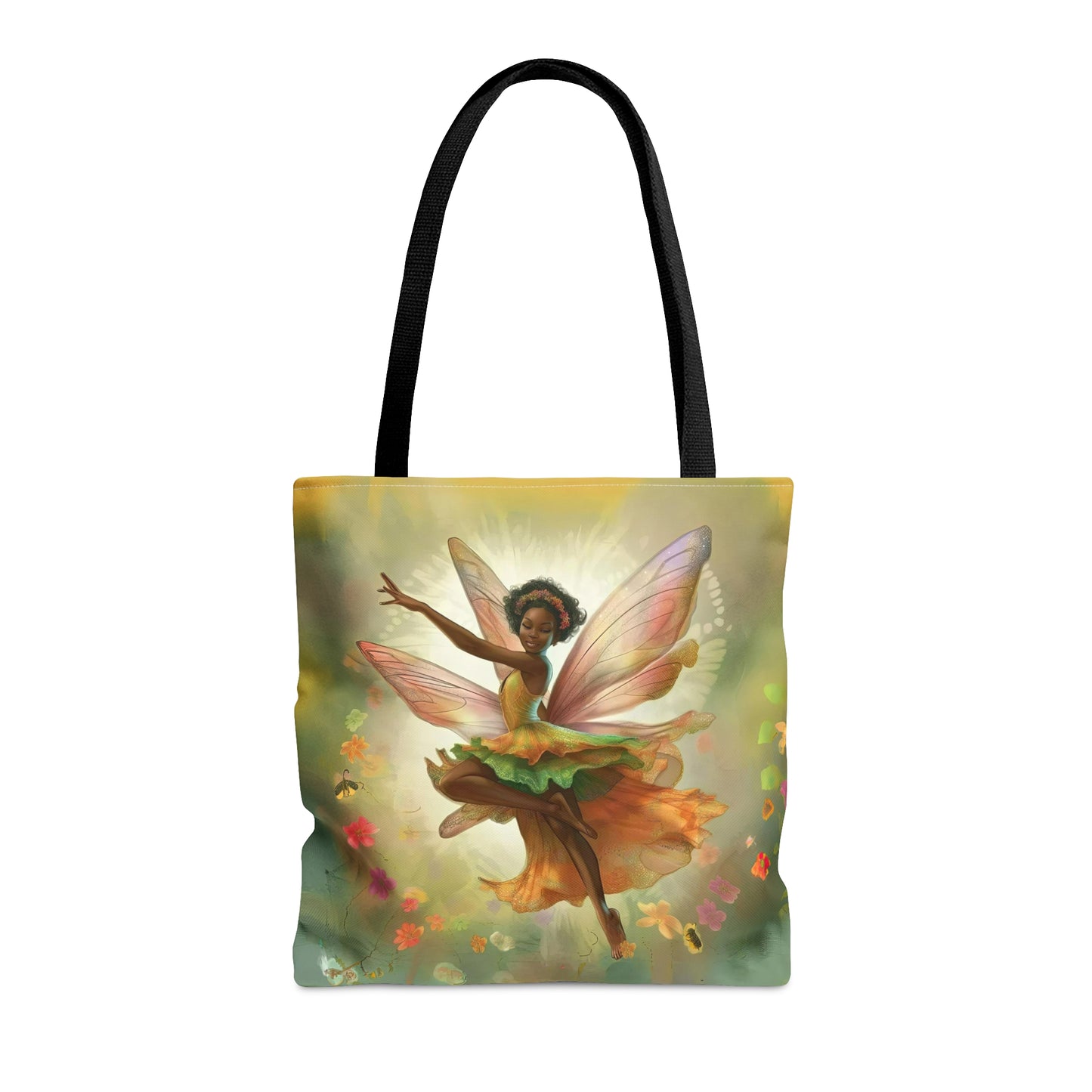 Enchanting Tote Bag with Dark-Skinned Fairy Design: Durable, Stylish, Available in Two Sizes