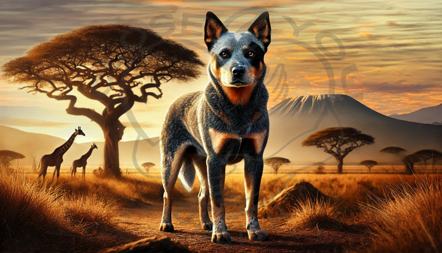 a painting of a dog standing on a dirt road