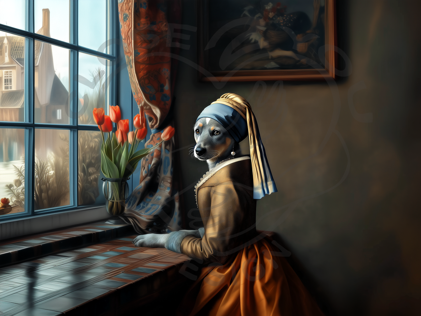 a painting of a dog wearing a turban looking out a window