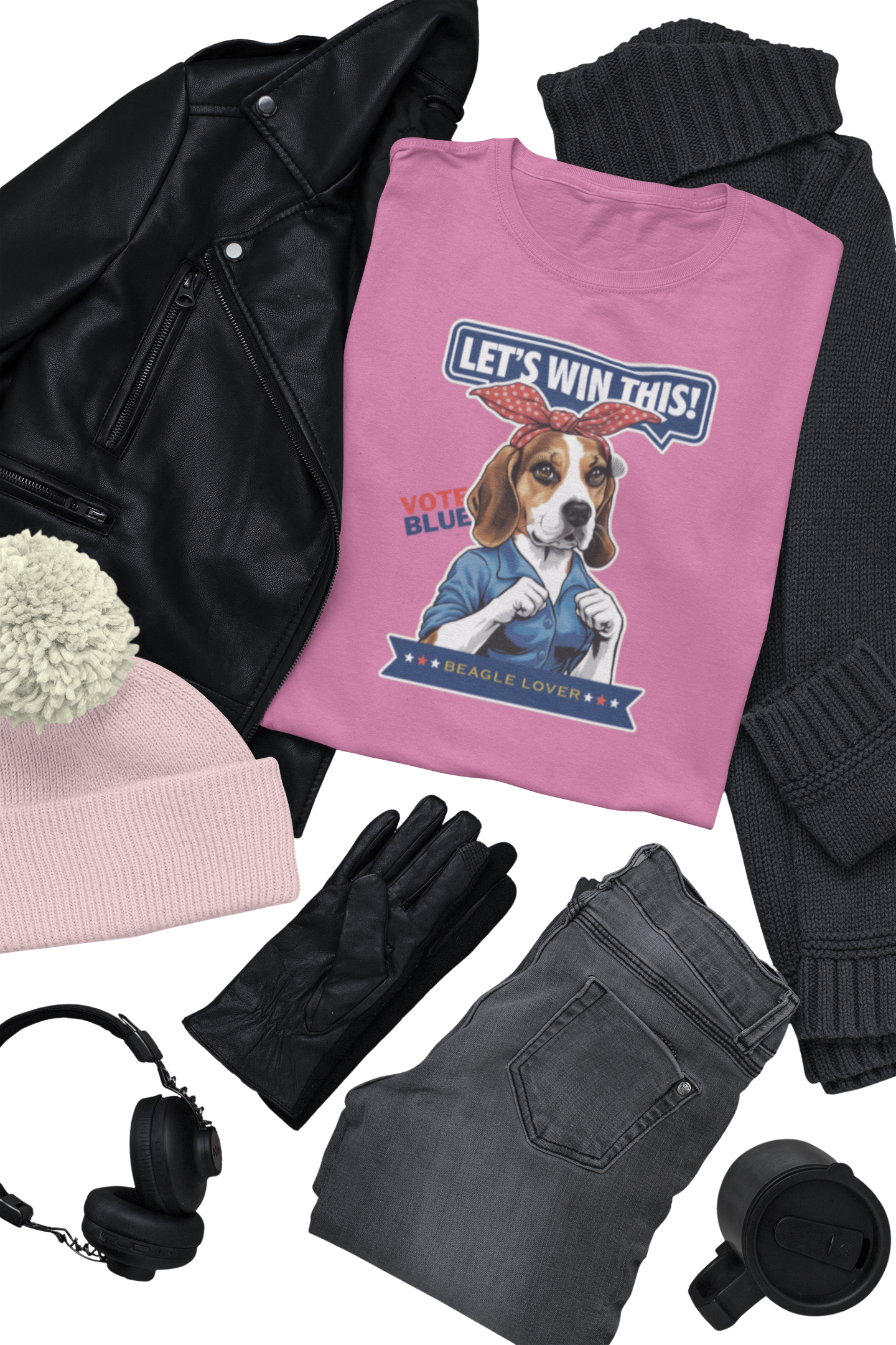 a collection of clothing and accessories including a beanie, gloves, gloves, and