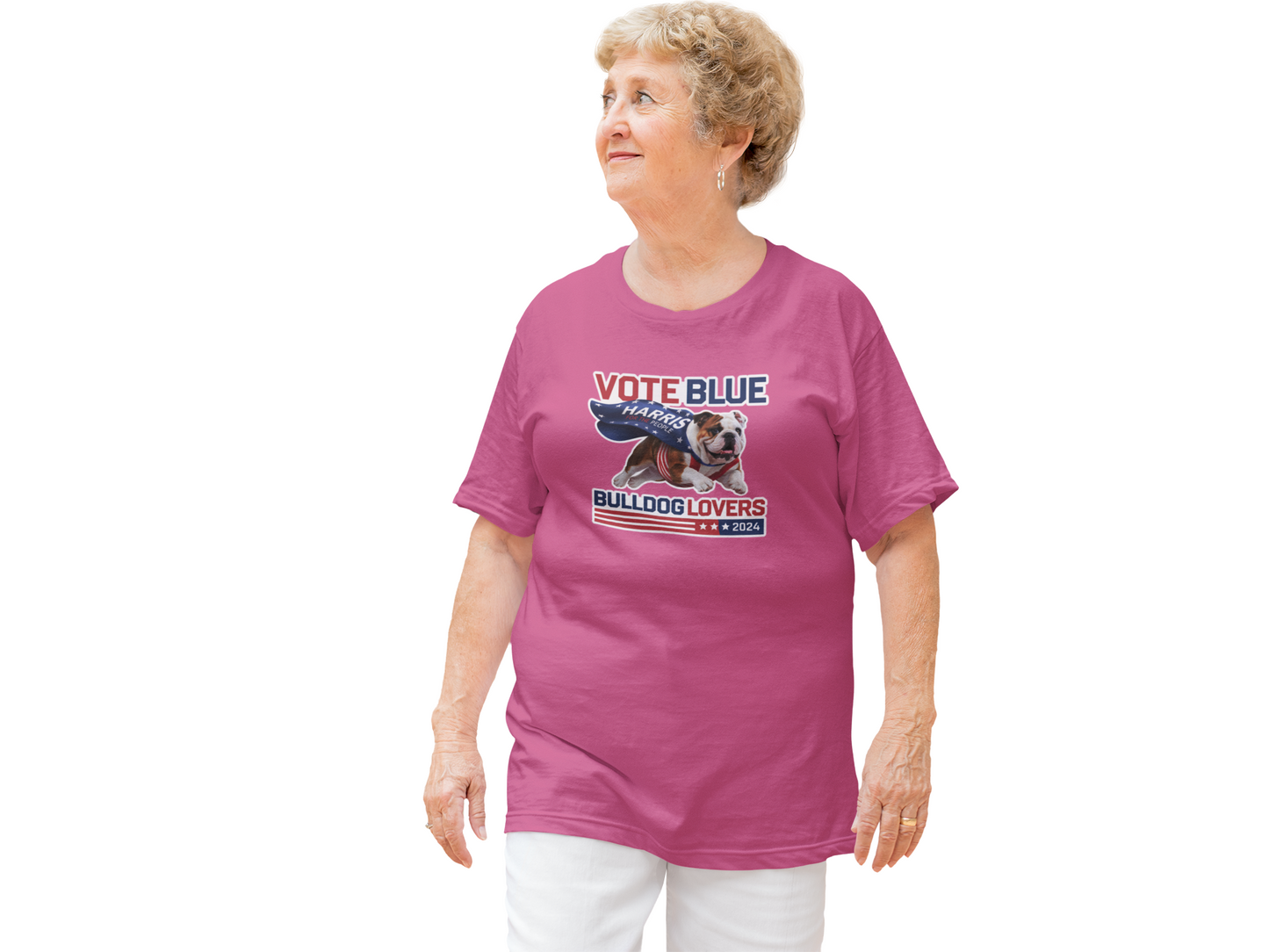 a woman wearing a vote blue t - shirt