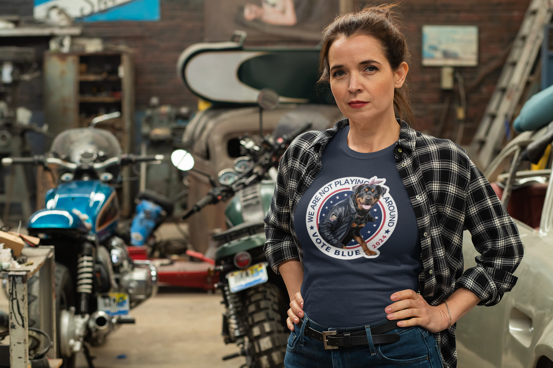 a woman standing in a garage next to a motorcycle