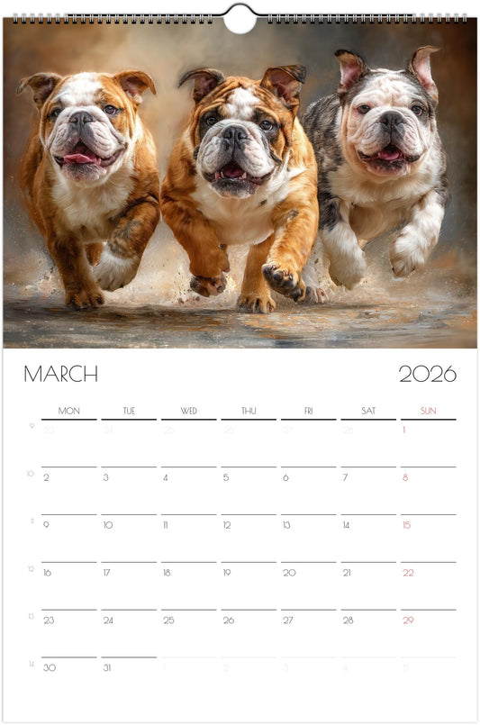 English Bulldog Calendar 2026 – Art Style Dog Wall Calendar, 12 Unique Designs
