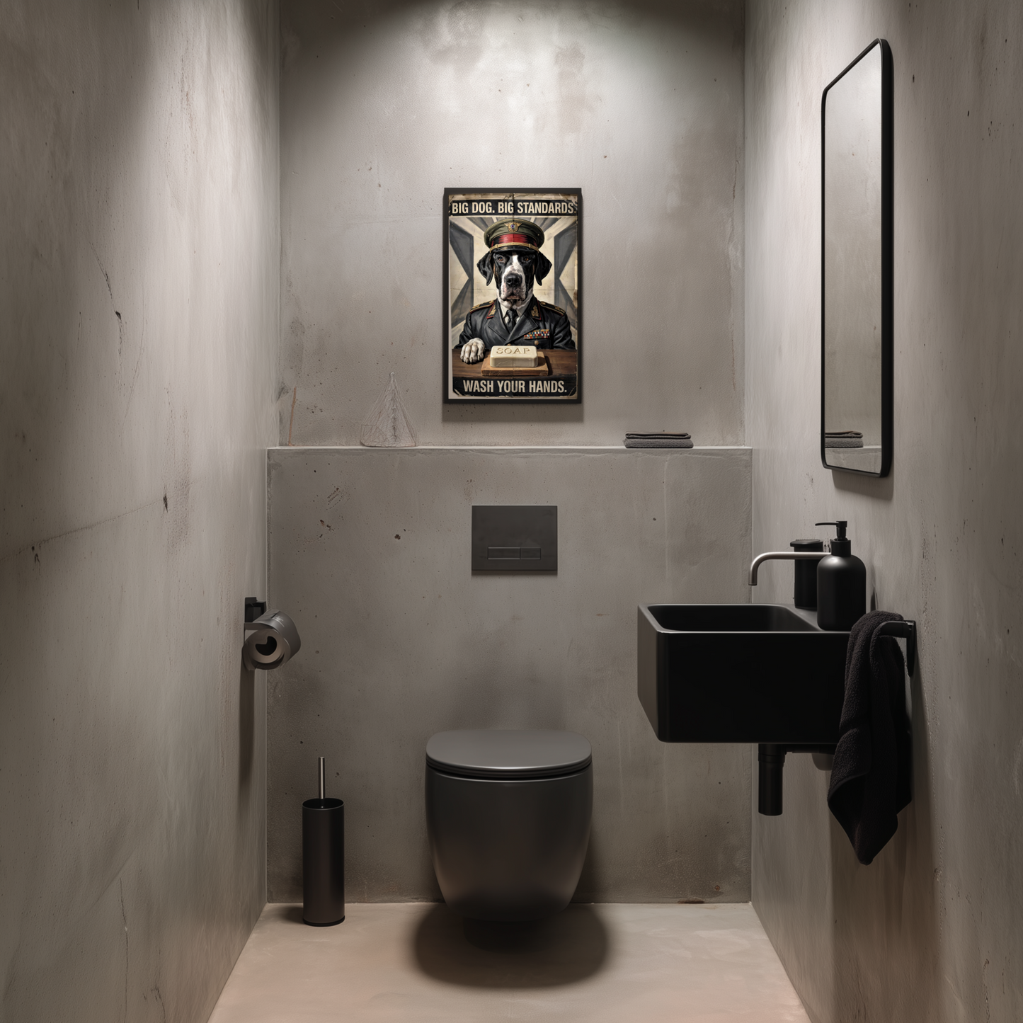 Great Dane Bathroom Poster – Military-Style Wall Art with Soap Command