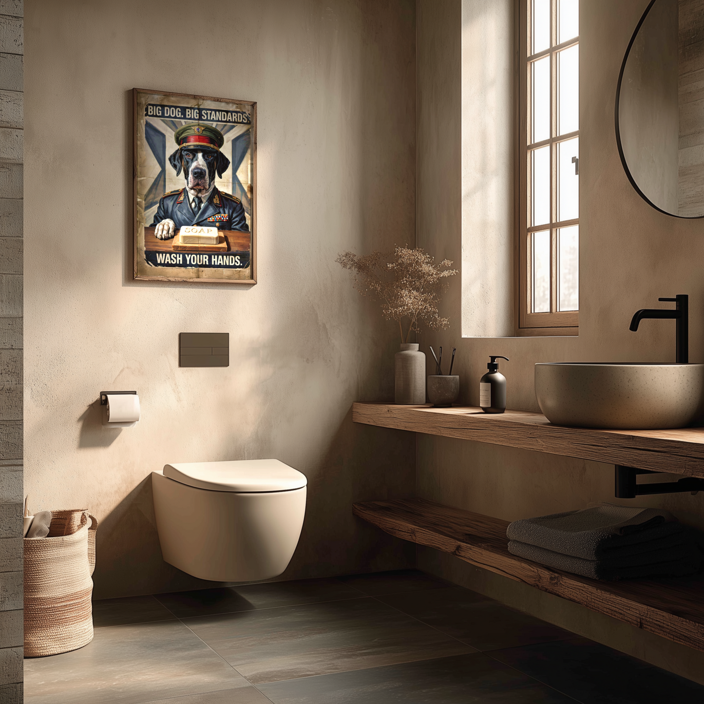 Great Dane Bathroom Poster – Military-Style Wall Art with Soap Command