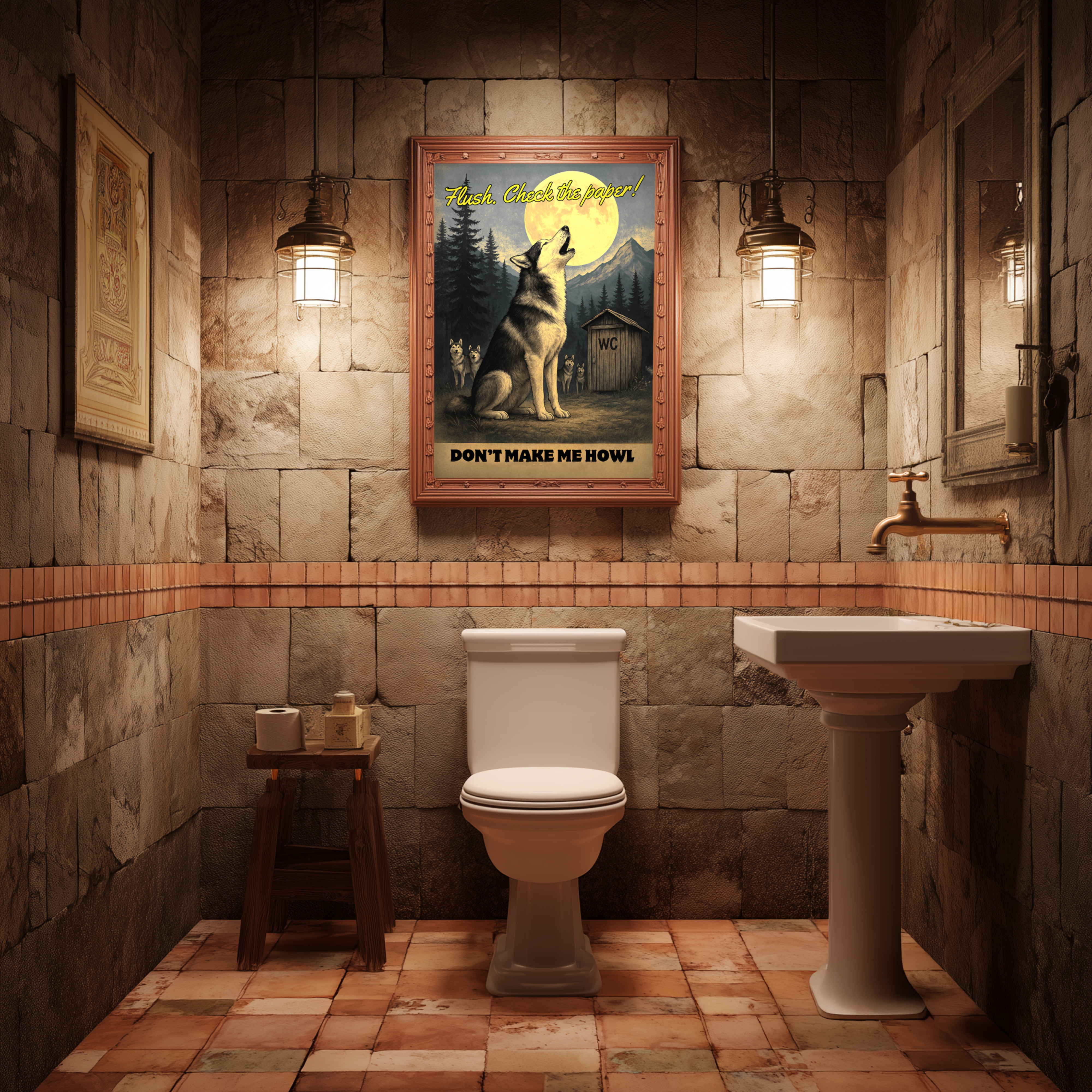 Howling Husky Bathroom Poster –Toilet Humor Wall Art