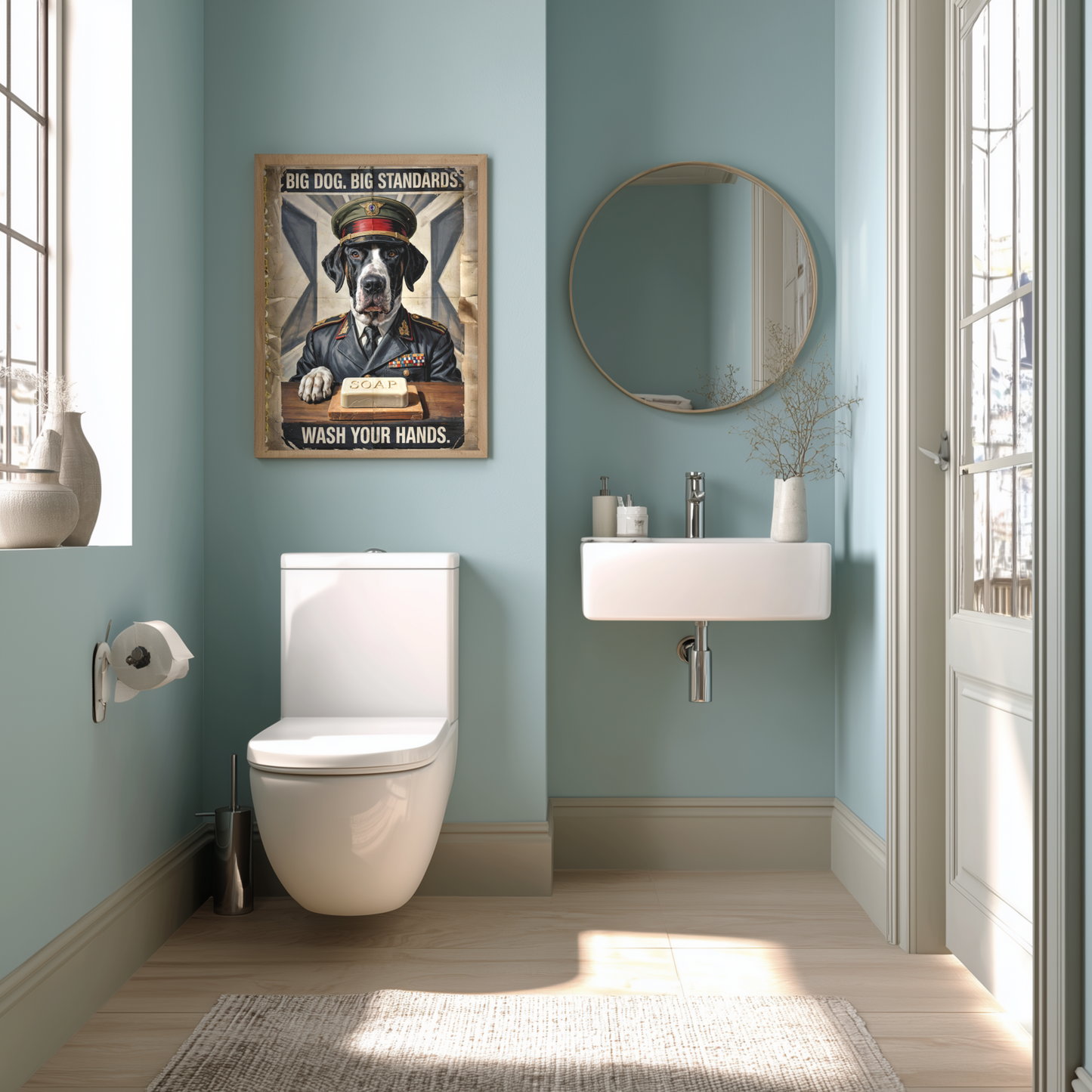 Great Dane Bathroom Poster – Military-Style Wall Art with Soap Command
