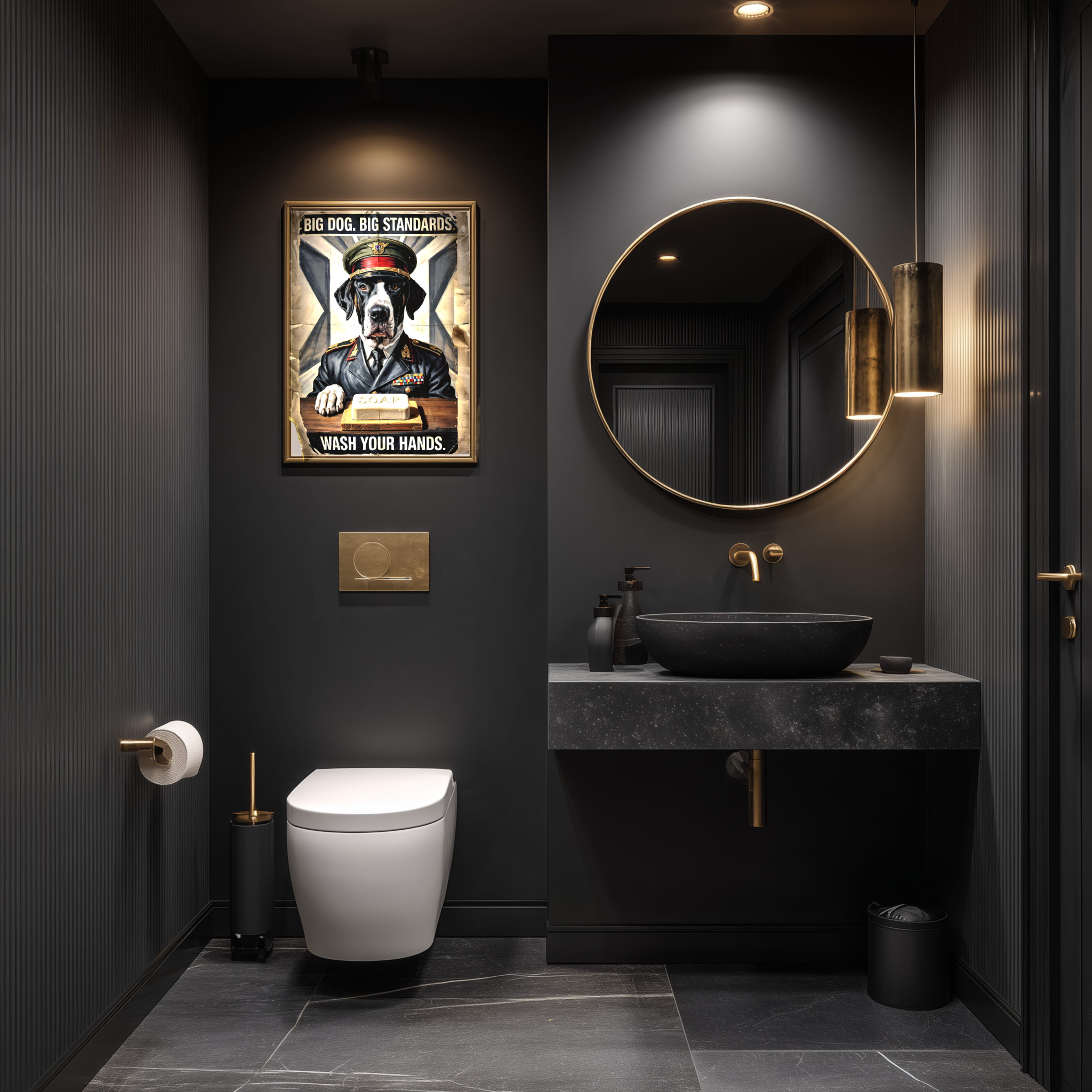 Great Dane Bathroom Poster – Military-Style Wall Art with Soap Command
