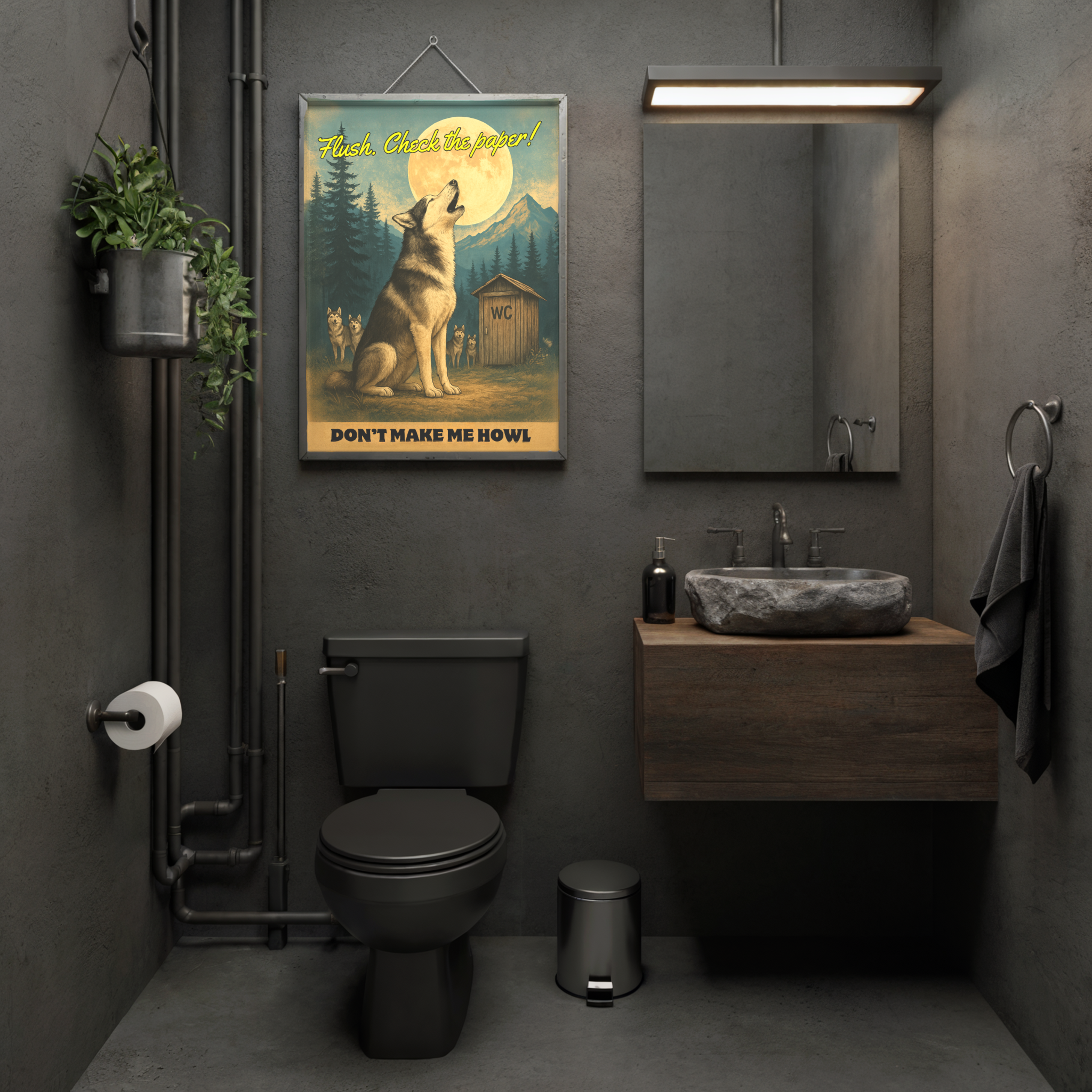 Howling Husky Bathroom Poster –Toilet Humor Wall Art