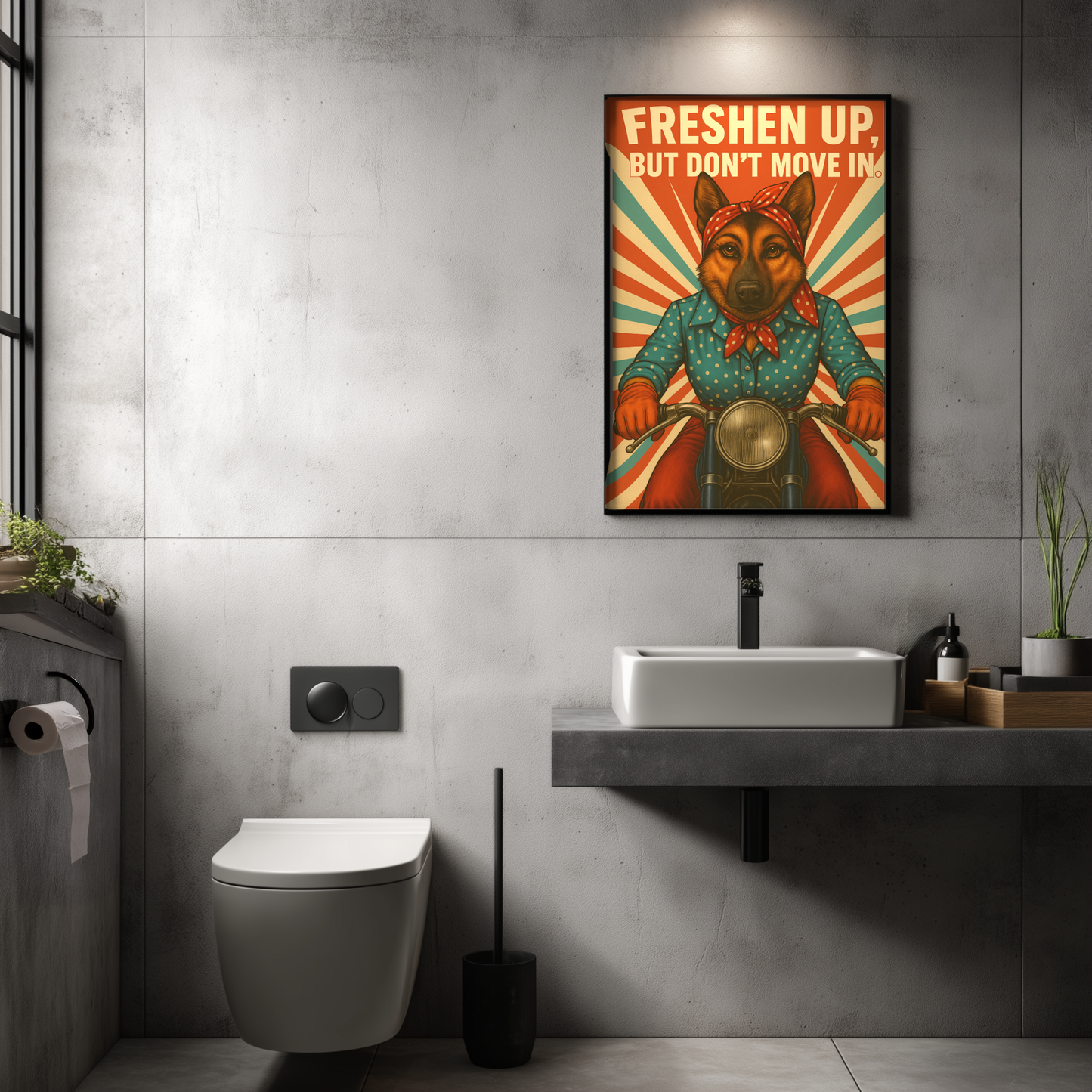 Vintage Sass: German Shepherd Bathroom Sign for Short Visits Only