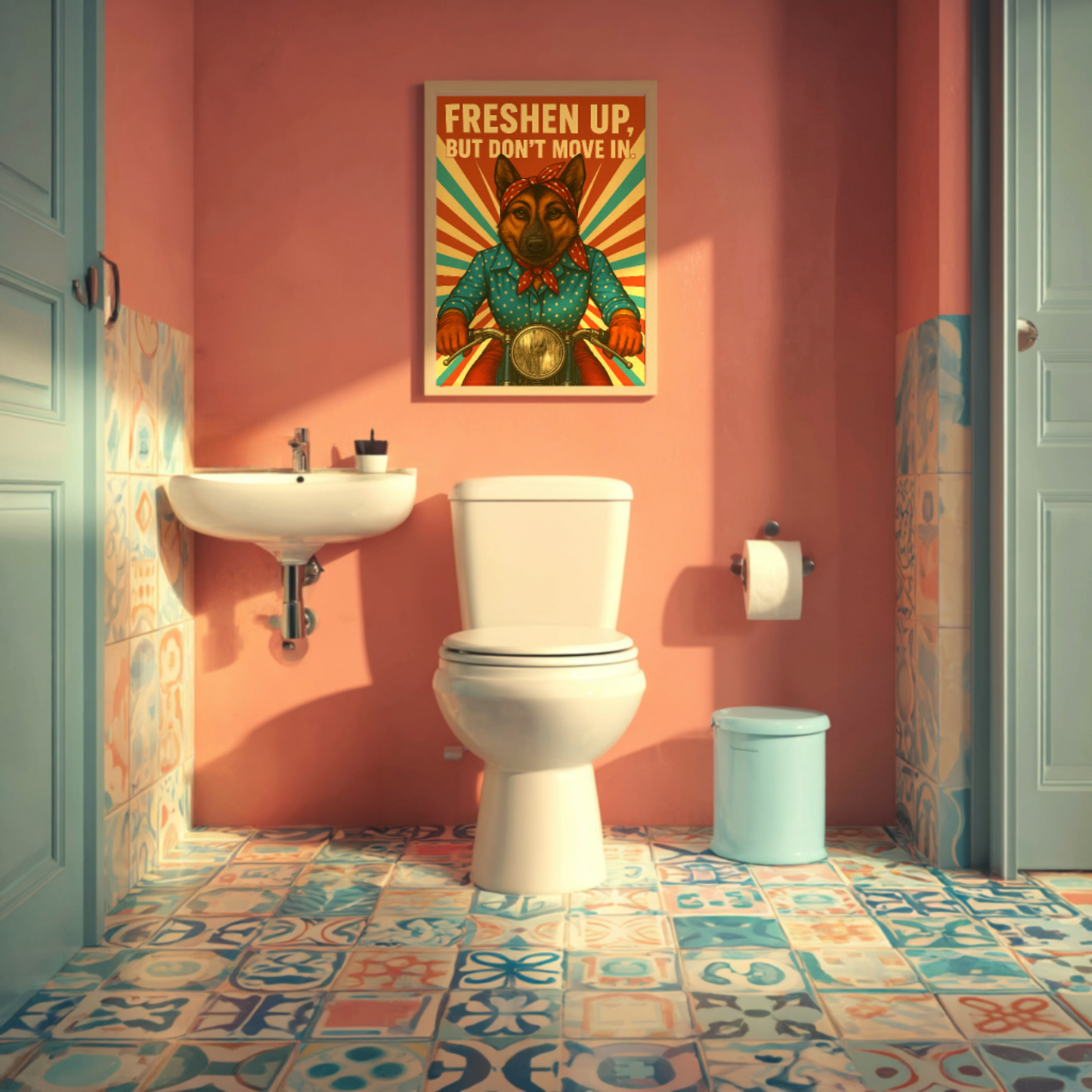 Vintage Sass: German Shepherd Bathroom Sign for Short Visits Only