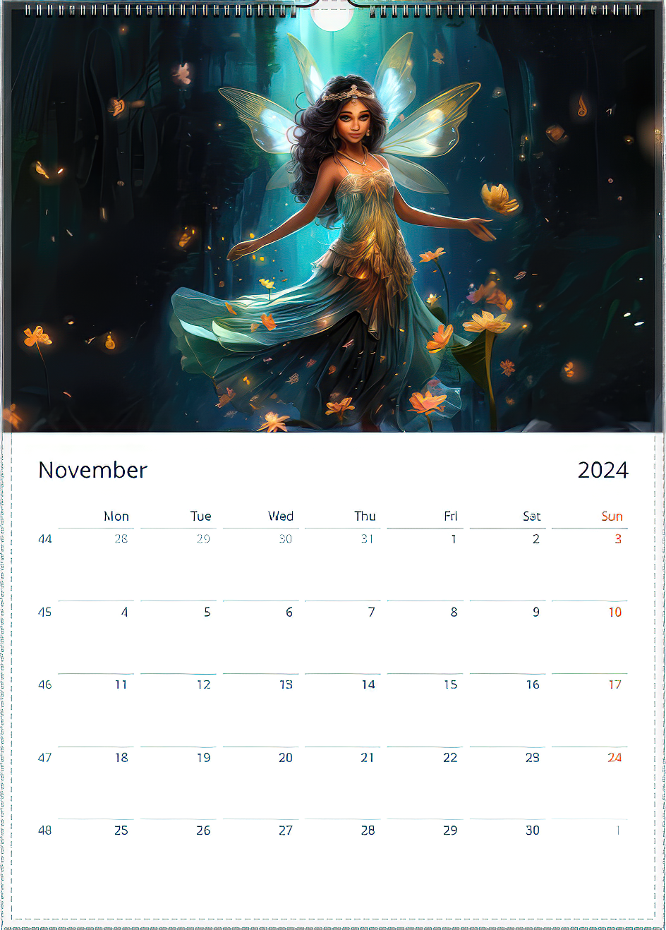 U.S.A printed 2024 Fairy Calendar - Global Fairies Artistic Illustrations - Unique Wall Calendar for Fairy Lovers