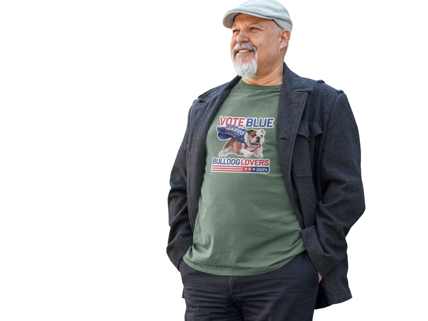 a man with a goatee and a hat standing in front of a white background