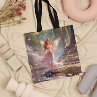 Blushing Fairy Enchantment Tote Bag: Pink Whimsical Design with Black Handles