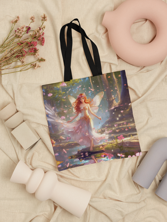 Blushing Fairy Enchantment Tote Bag: Pink Whimsical Design with Black Handles