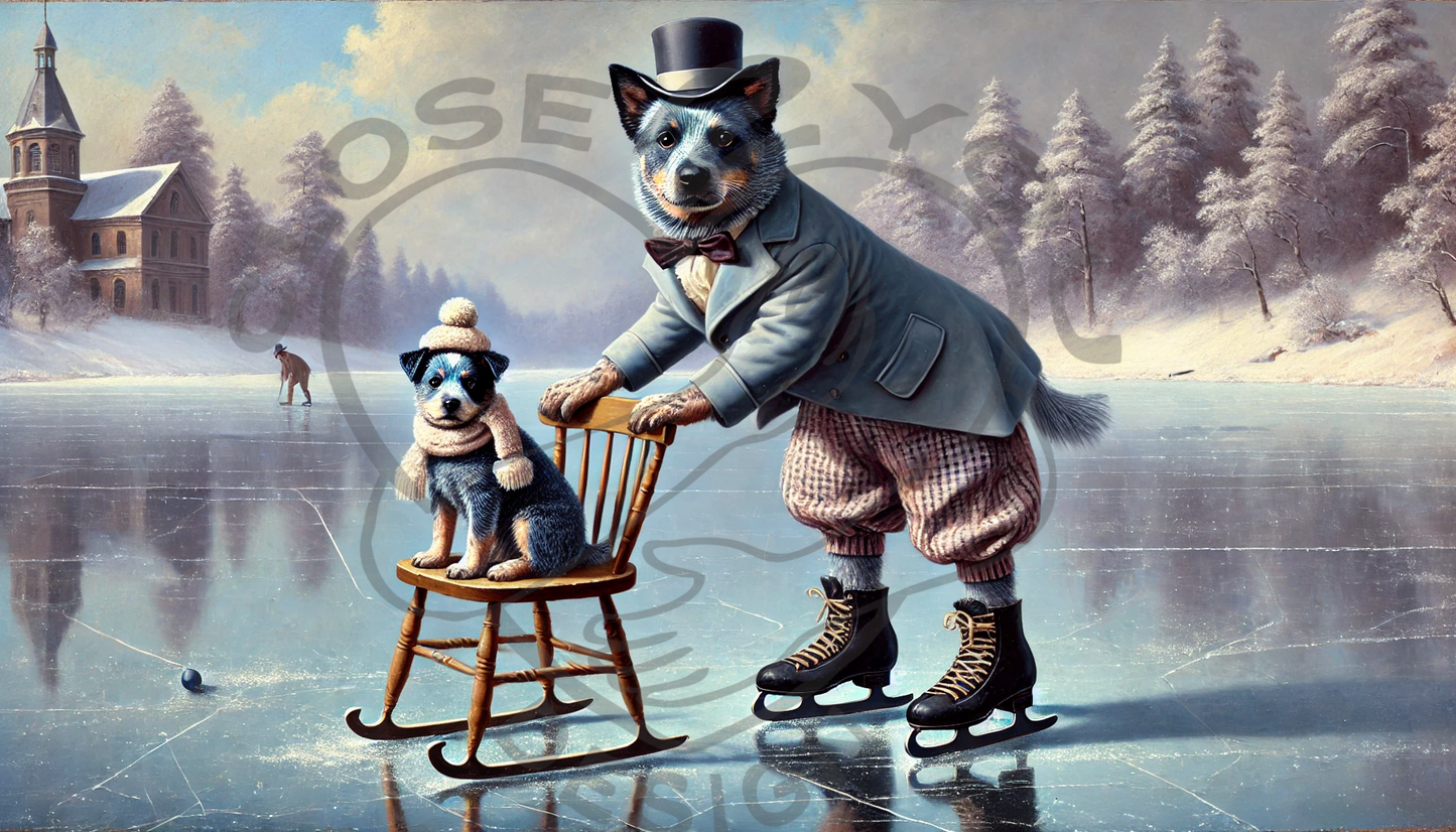 a painting of a dog on a rocking chair