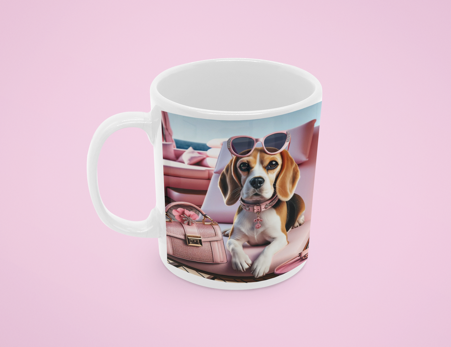 Glamorous Beagle Mug - 11oz | Chic Beagle with Sunglasses & Pink Accessories | Perfect Gift for Dog Lovers"