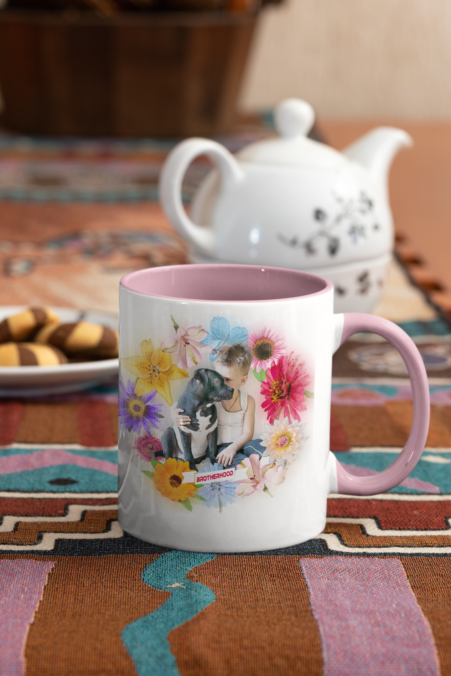 Watercolor Pet Portrait Mugs - Artistic, Personalized Drinkware -  with a colored rim and handle - 11oz Ceramic Mug