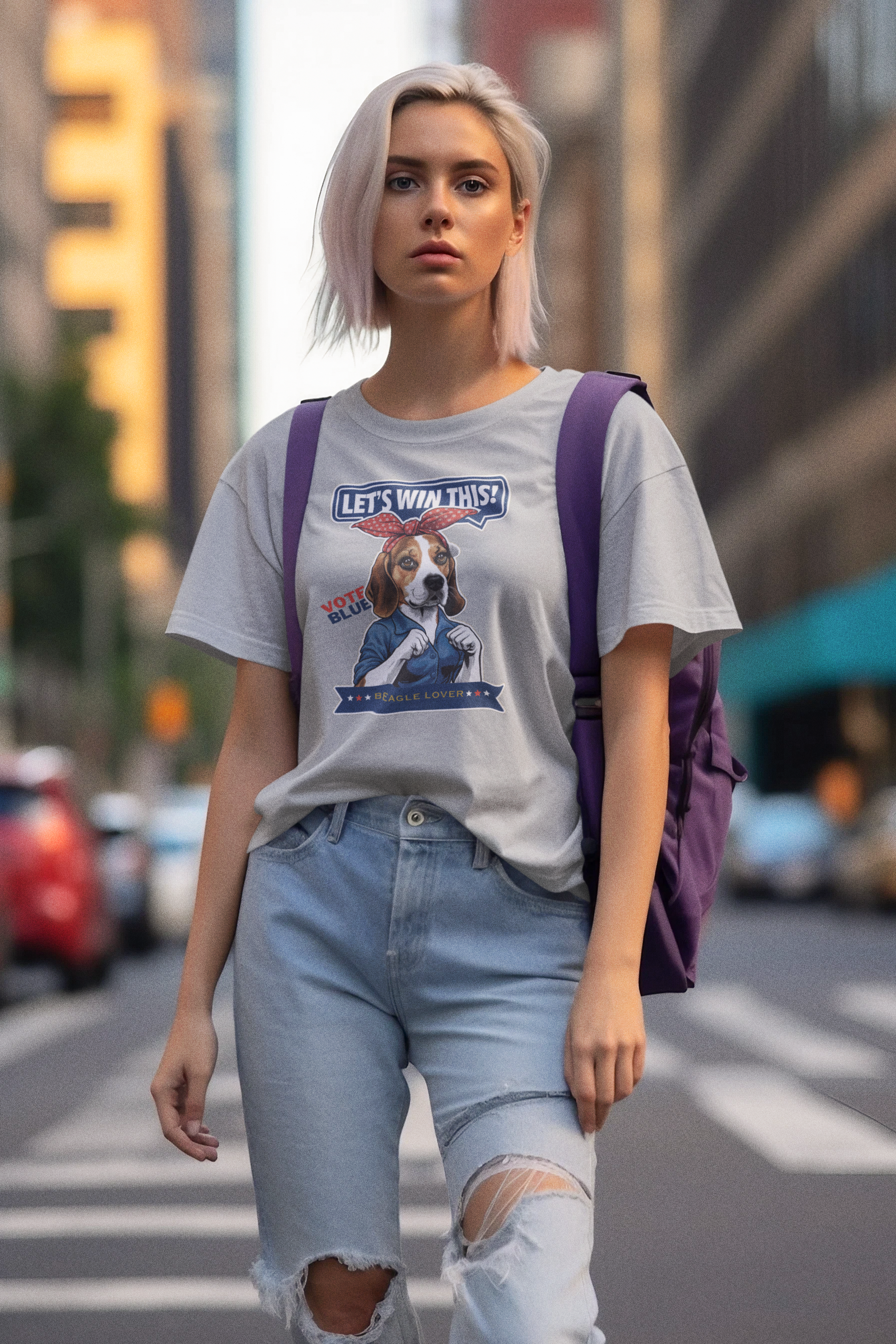 a woman walking down the street with a dog on her shirt