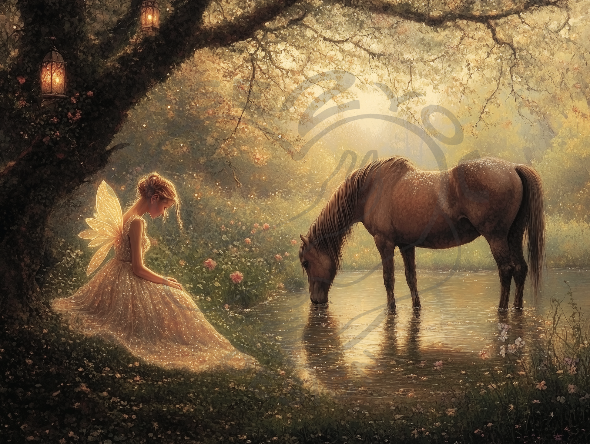 a painting of a girl and a horse in a forest