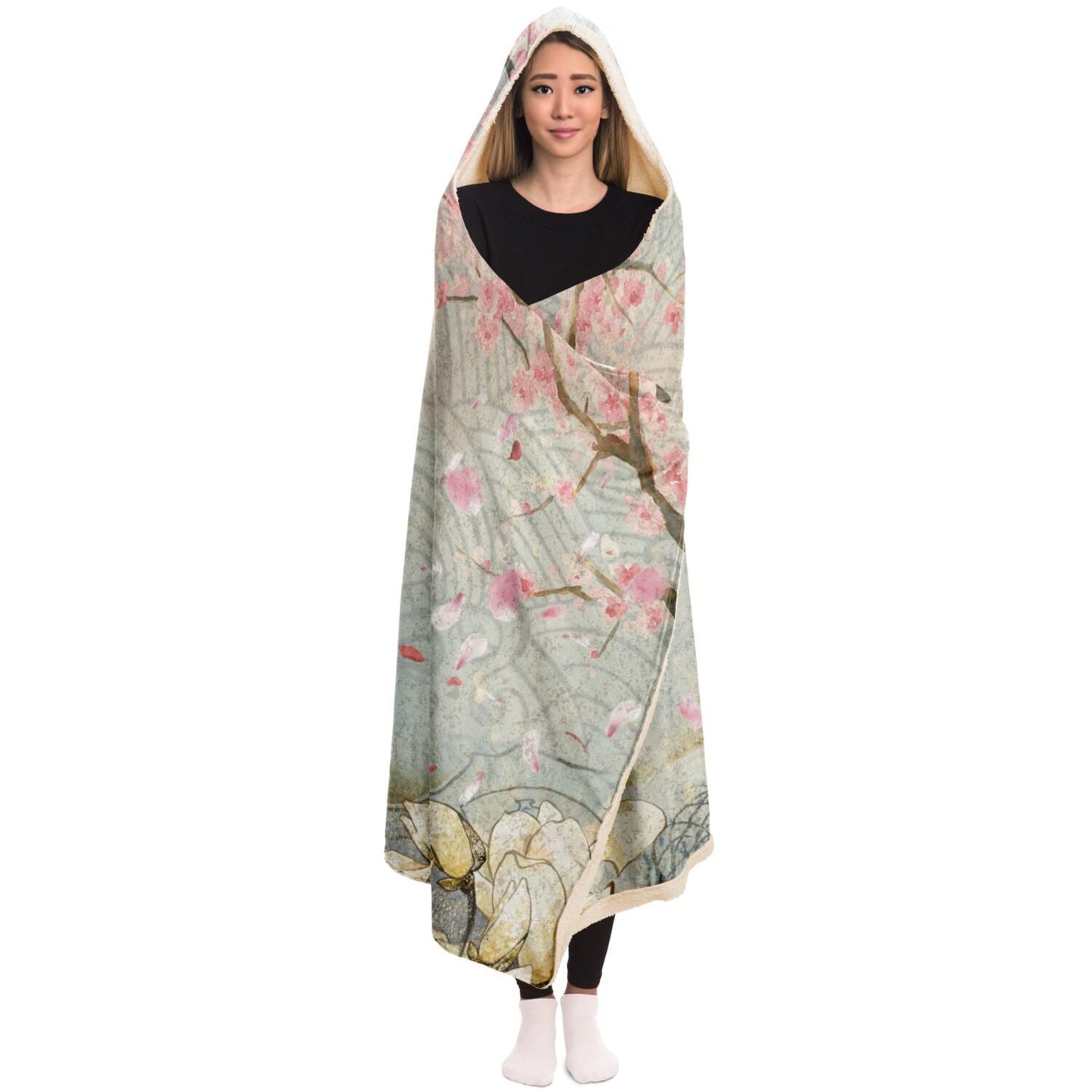 Hooded Blanket -Japanese mountains, vintage japan cherry blossoms and magnolias!