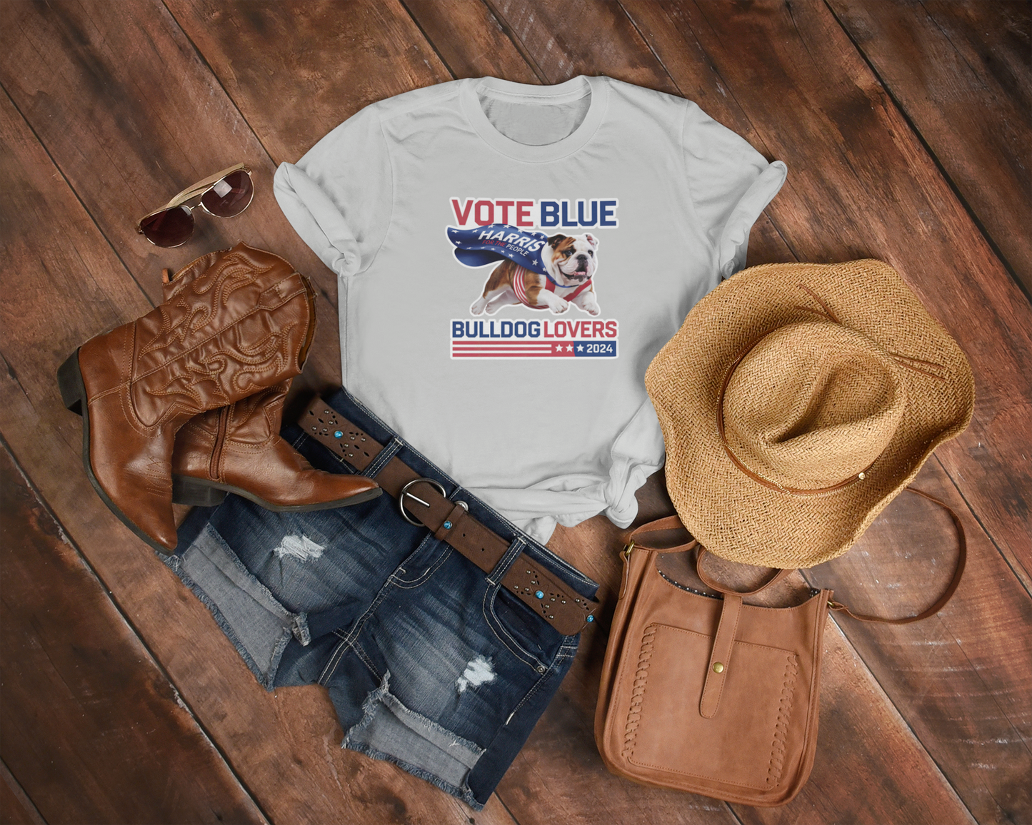 a shirt that says vote blue with a bull dog on it