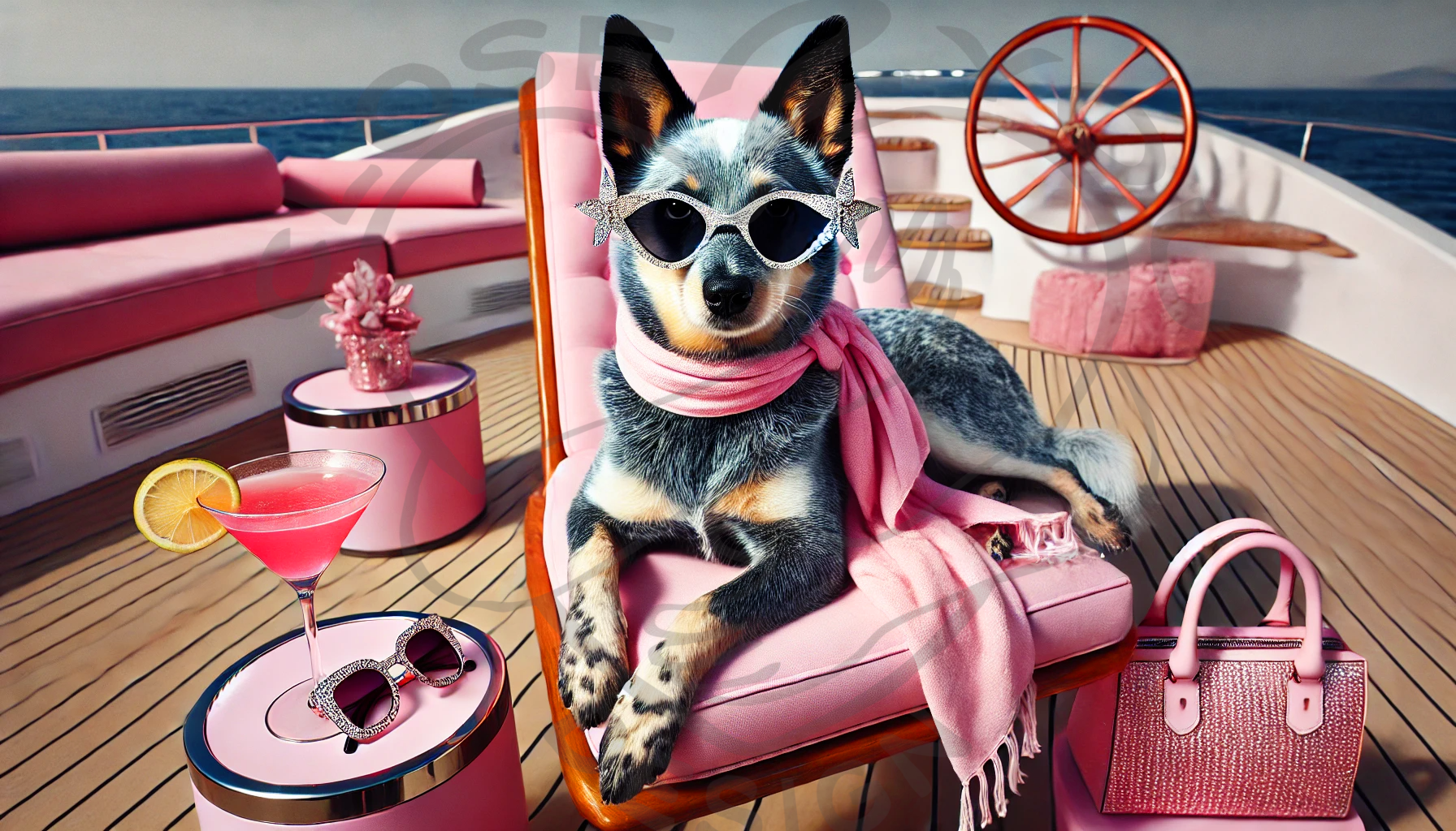 a dog wearing sunglasses sitting on a pink chair