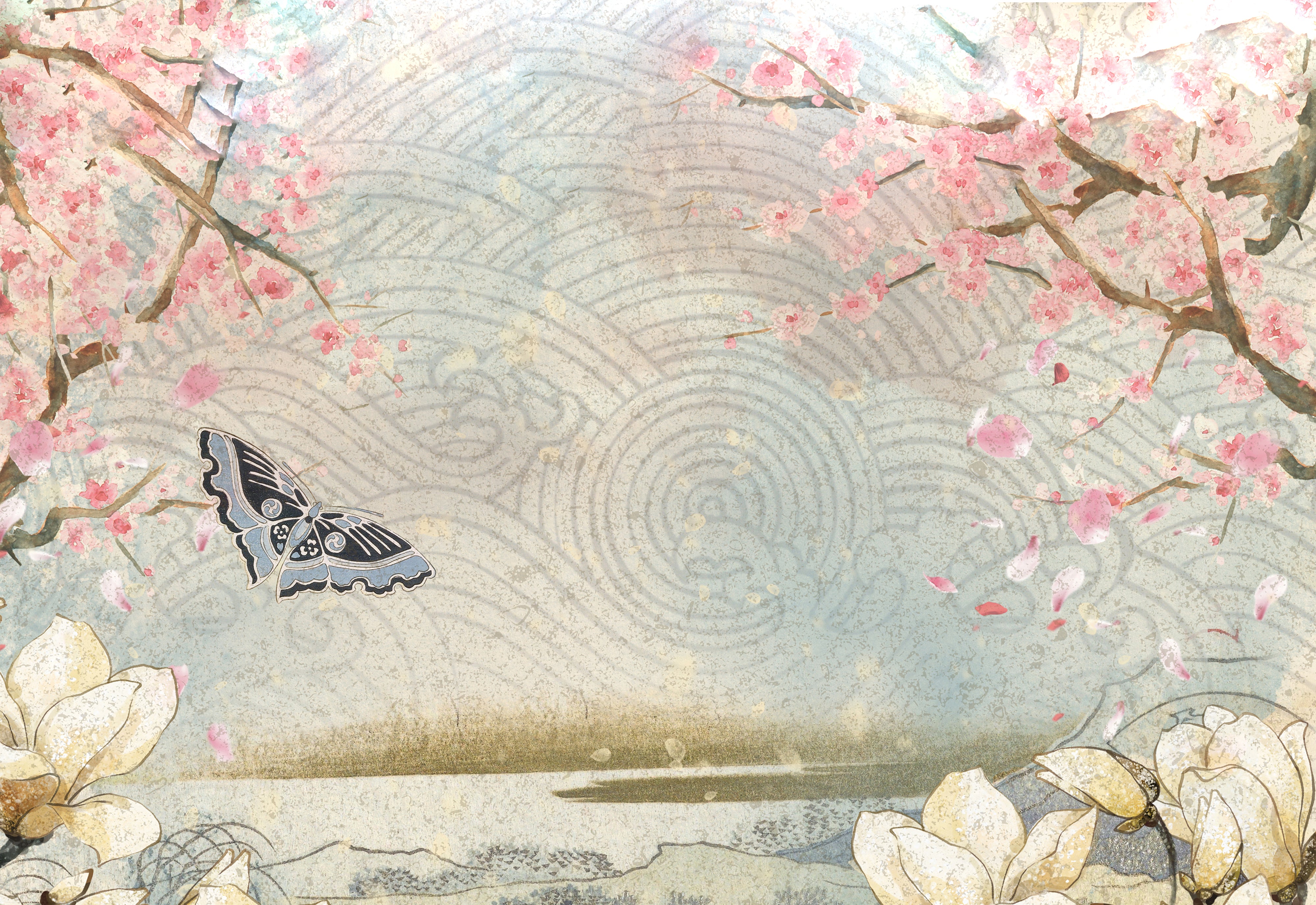 Hooded Blanket -Japanese mountains, vintage japan cherry blossoms and magnolias!