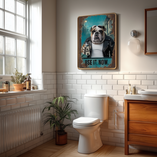 Humorous Dog Poster – Vintage Grunge Bulldog Art for Toilet