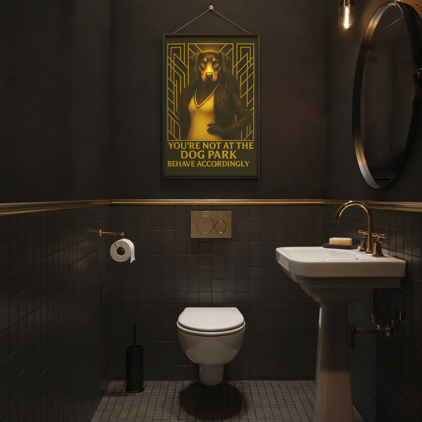 Doberman Bathroom Poster – Art Deco Toilet Print with Attitude