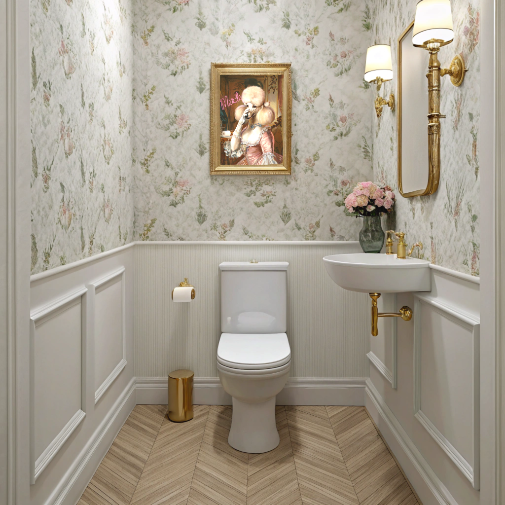Poodle Bathroom Poster – “Merde” Funny French Toilet Art in Rococo Style