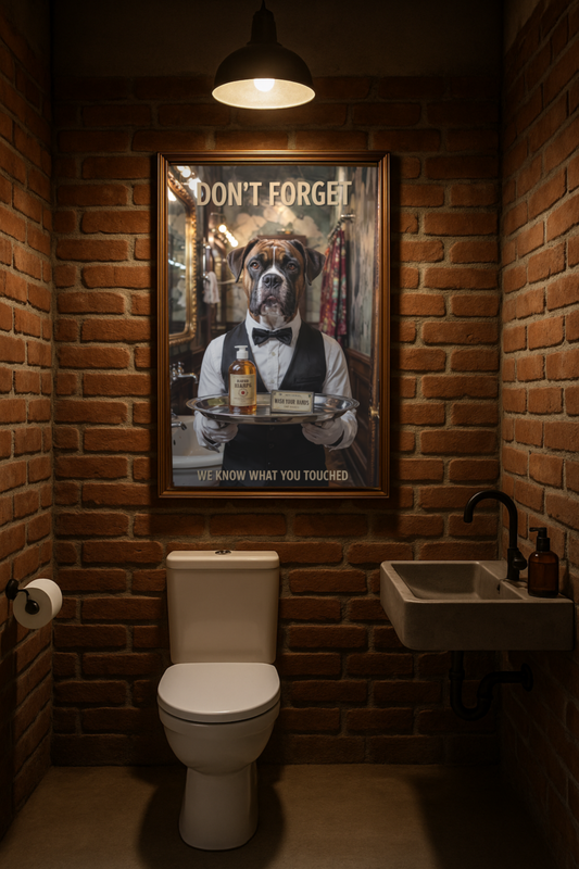 Boxer Butler Toilet Poster – Retro Bathroom Art in Vintage Print Style