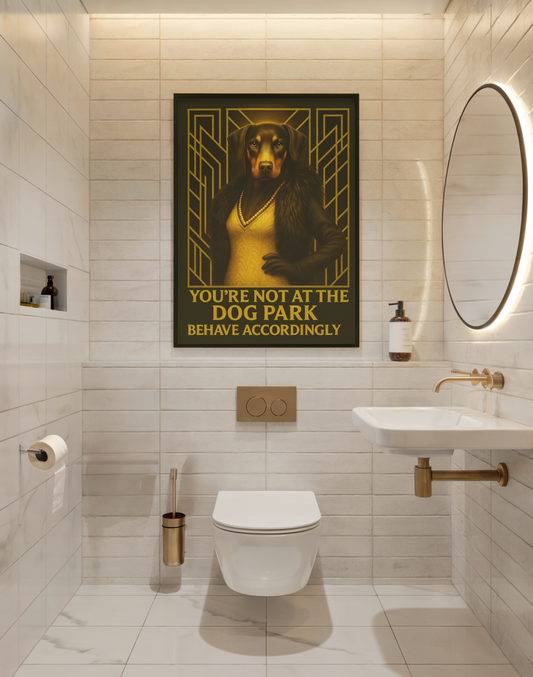 Doberman Bathroom Poster – Art Deco Toilet Print with Attitude