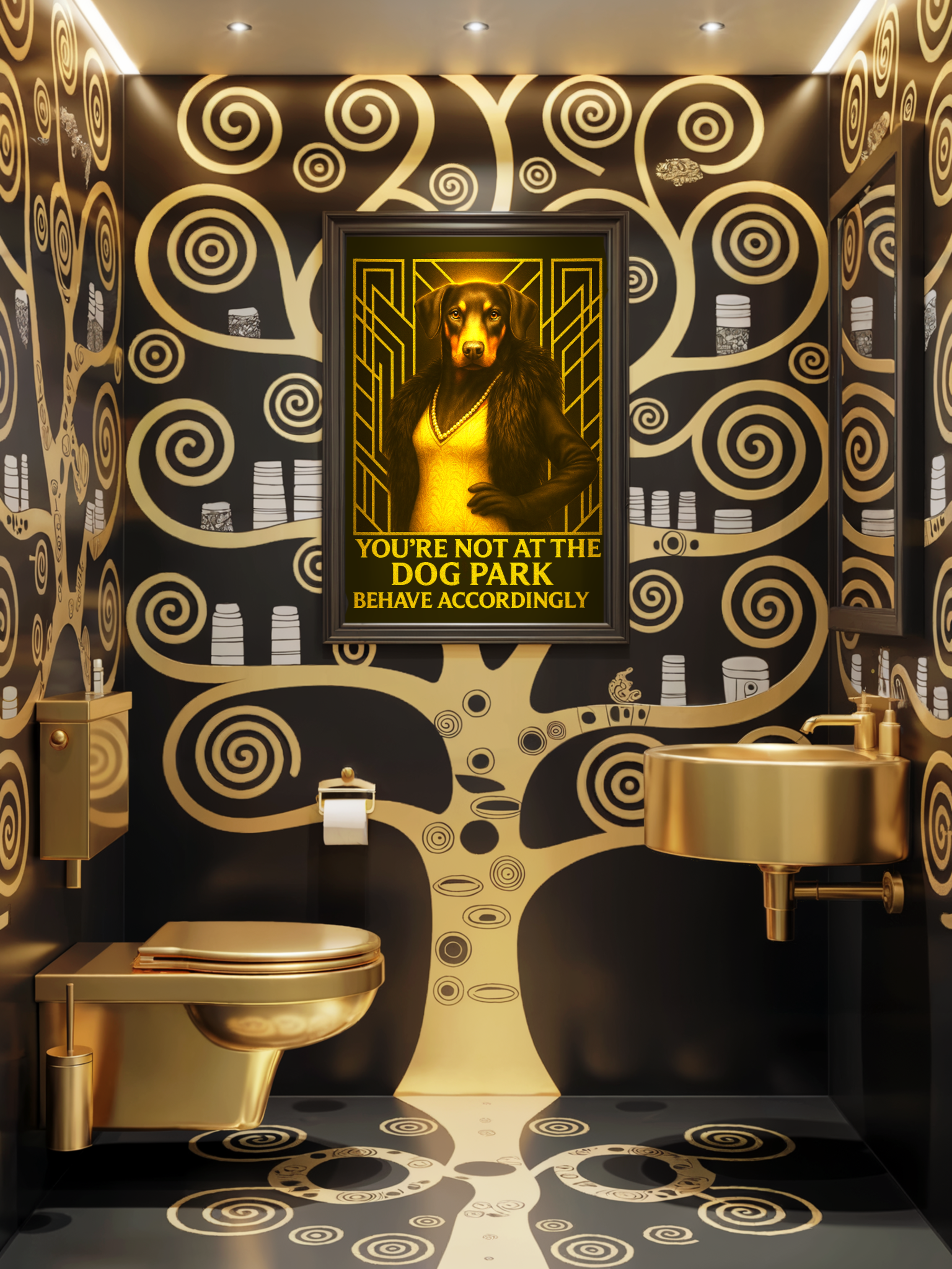 Doberman Bathroom Poster – Art Deco Toilet Print with Attitude