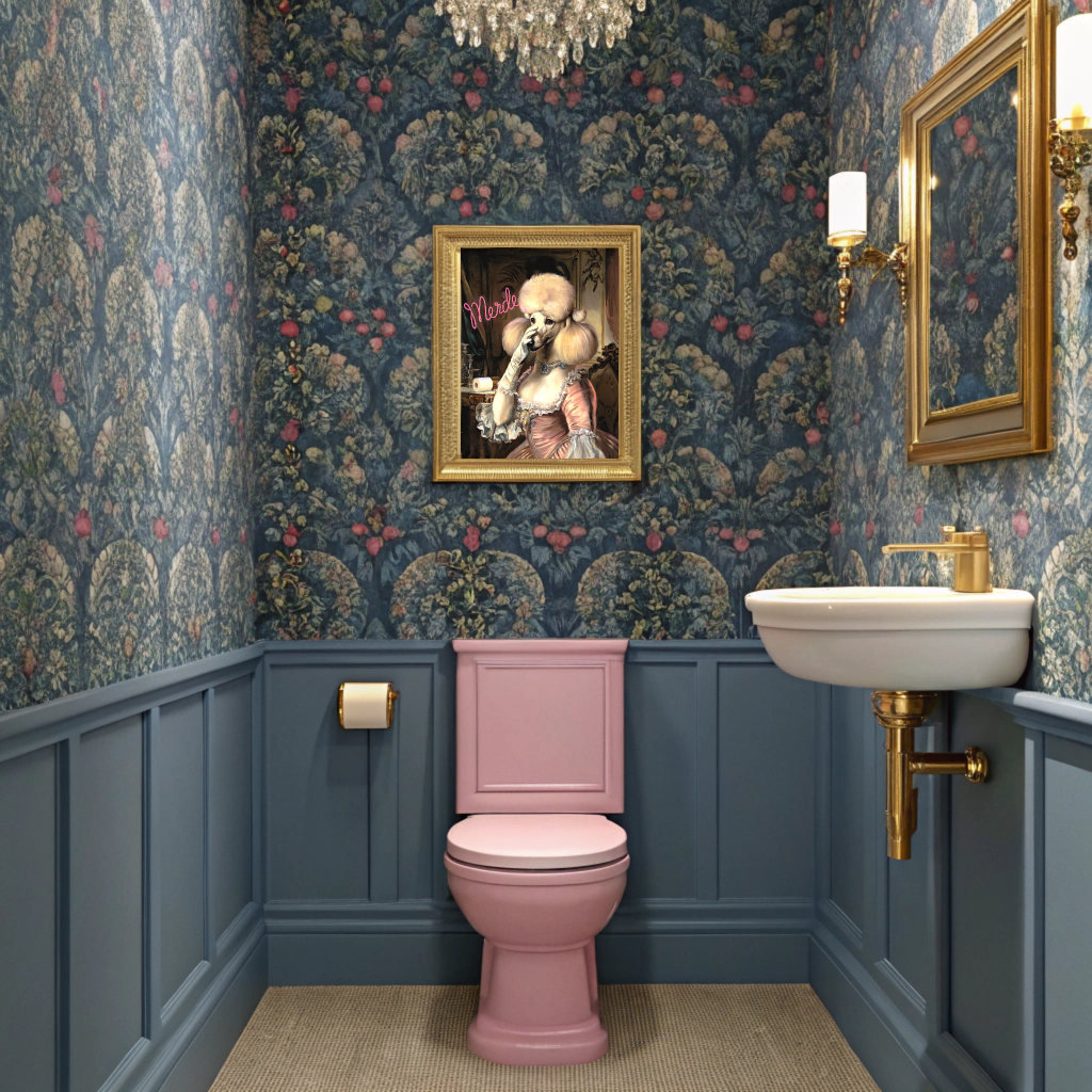 Poodle Bathroom Poster – “Merde” Funny French Toilet Art in Rococo Style
