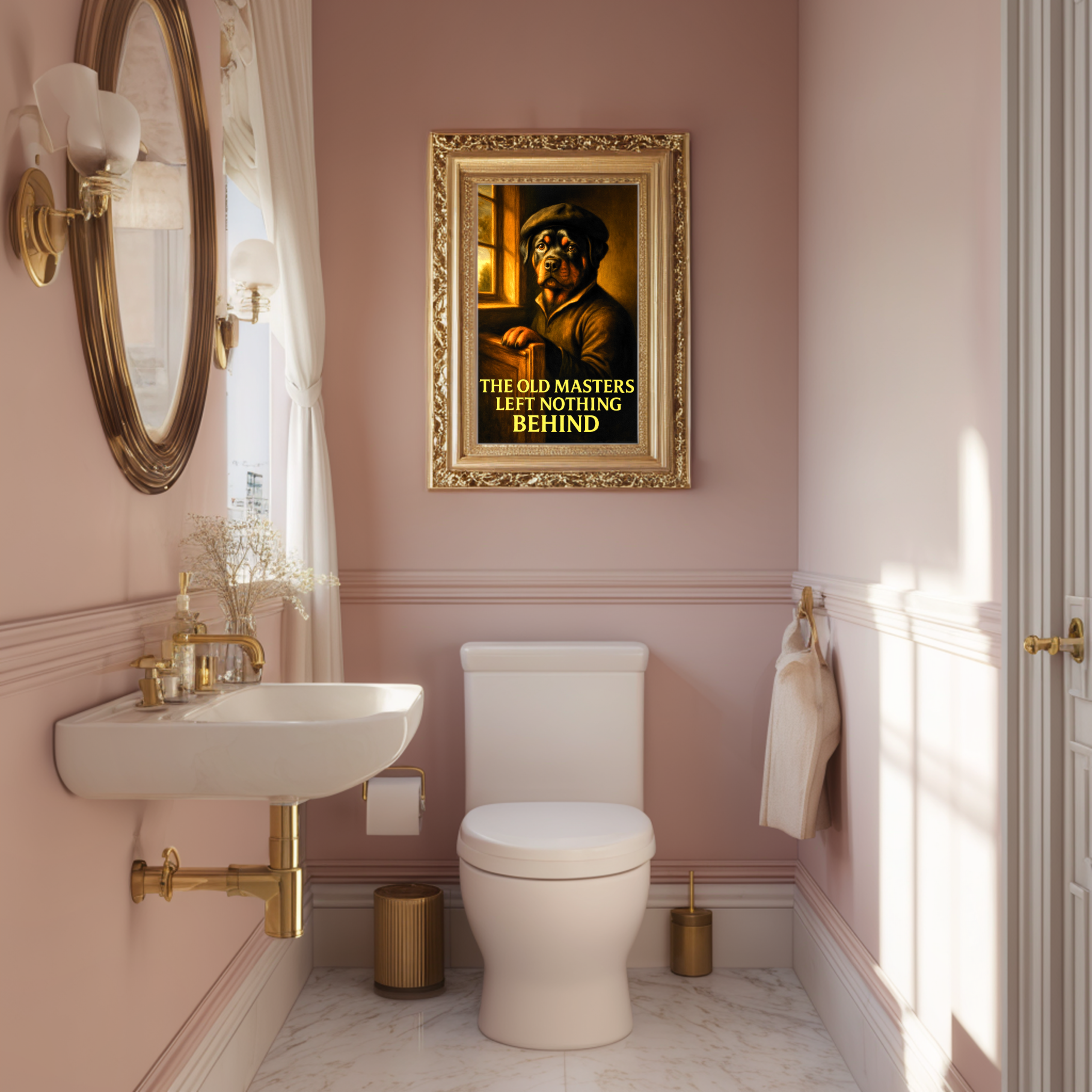 Rottweiler Toilet Poster – Dutch Old Masters Bathroom Art with Humor