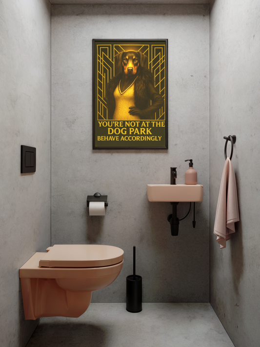 Doberman Bathroom Poster – Art Deco Toilet Print with Attitude