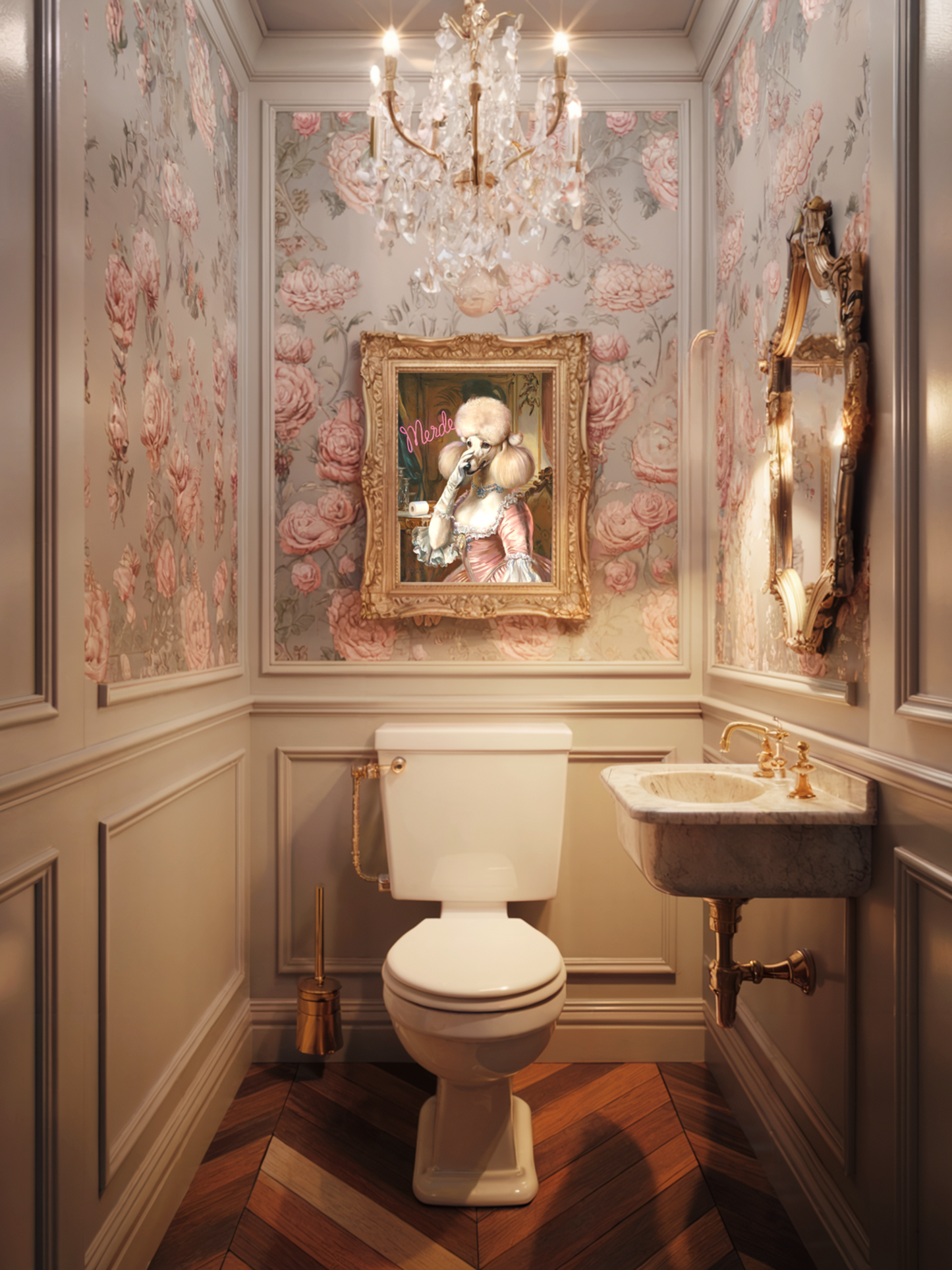 Poodle Bathroom Poster – “Merde” Funny French Toilet Art in Rococo Style