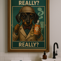 Toilet Inspector Dachshund Poster – Funny Bathroom Wall Art with Retro Detective Style