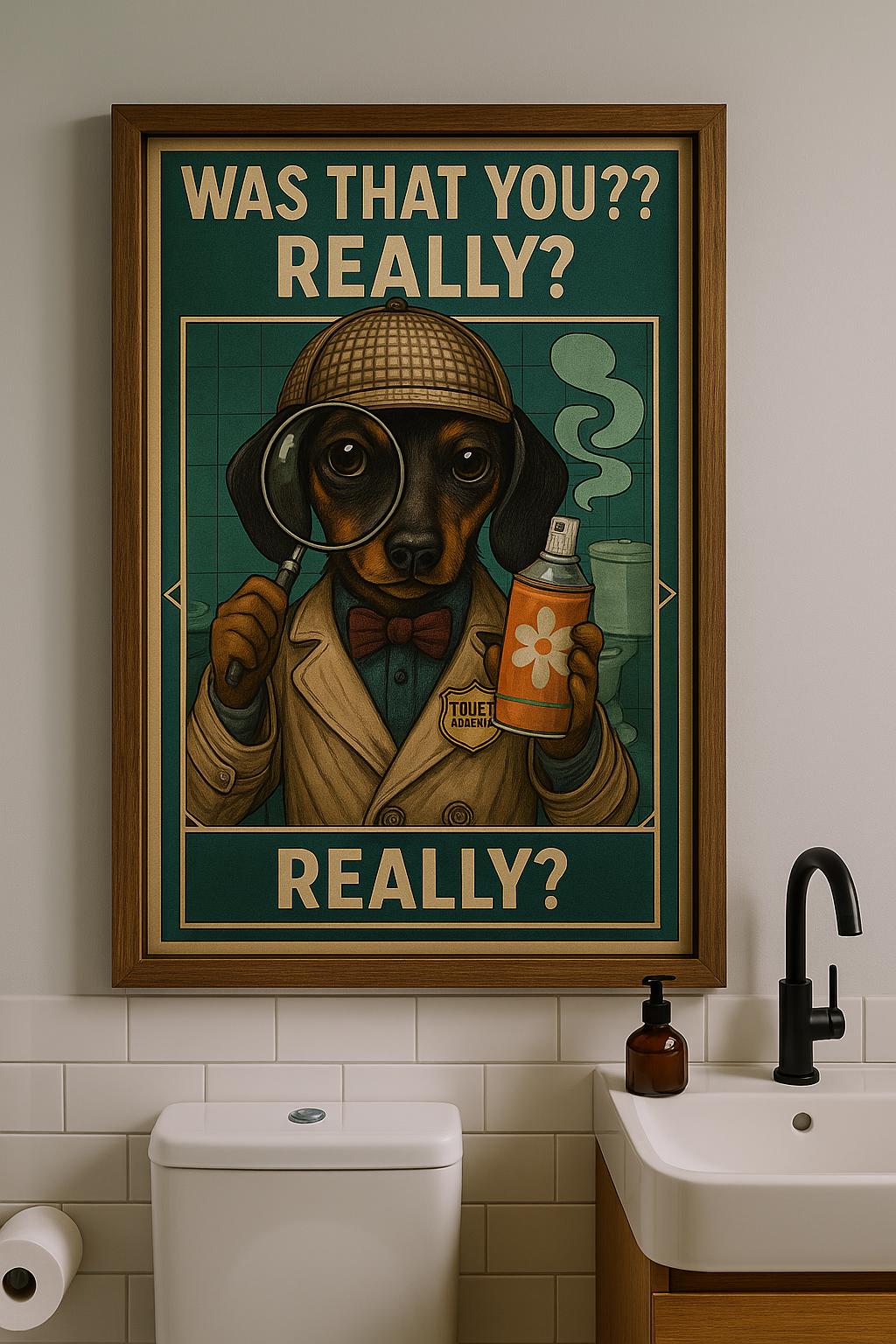 Toilet Inspector Dachshund Poster – Funny Bathroom Wall Art with Retro Detective Style