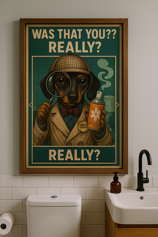 Toilet Inspector Dachshund Poster – Funny Bathroom Wall Art with Retro Detective Style