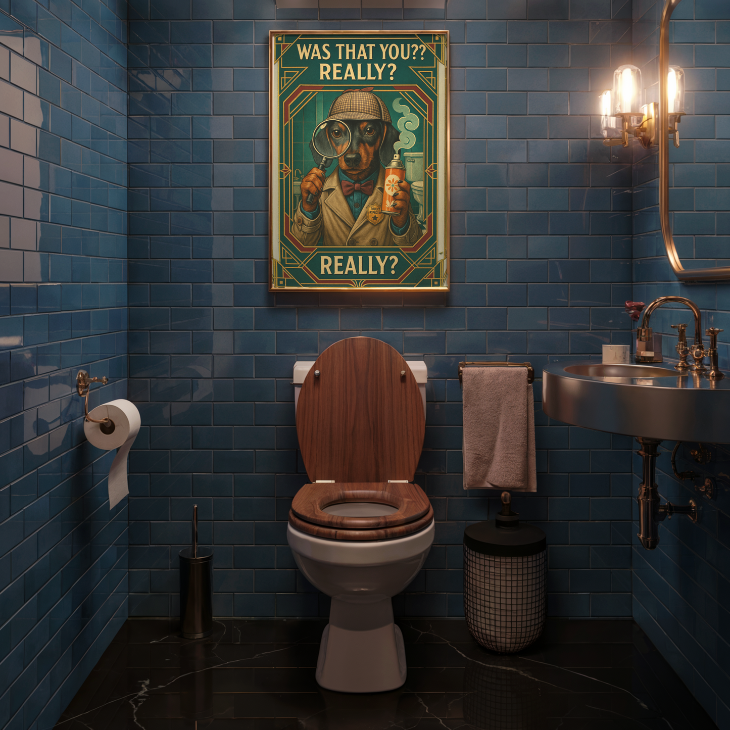 Toilet Inspector Dachshund Poster – Funny Bathroom Wall Art with Retro Detective Style