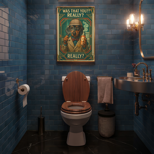 Toilet Inspector Dachshund Poster – Funny Bathroom Wall Art with Retro Detective Style