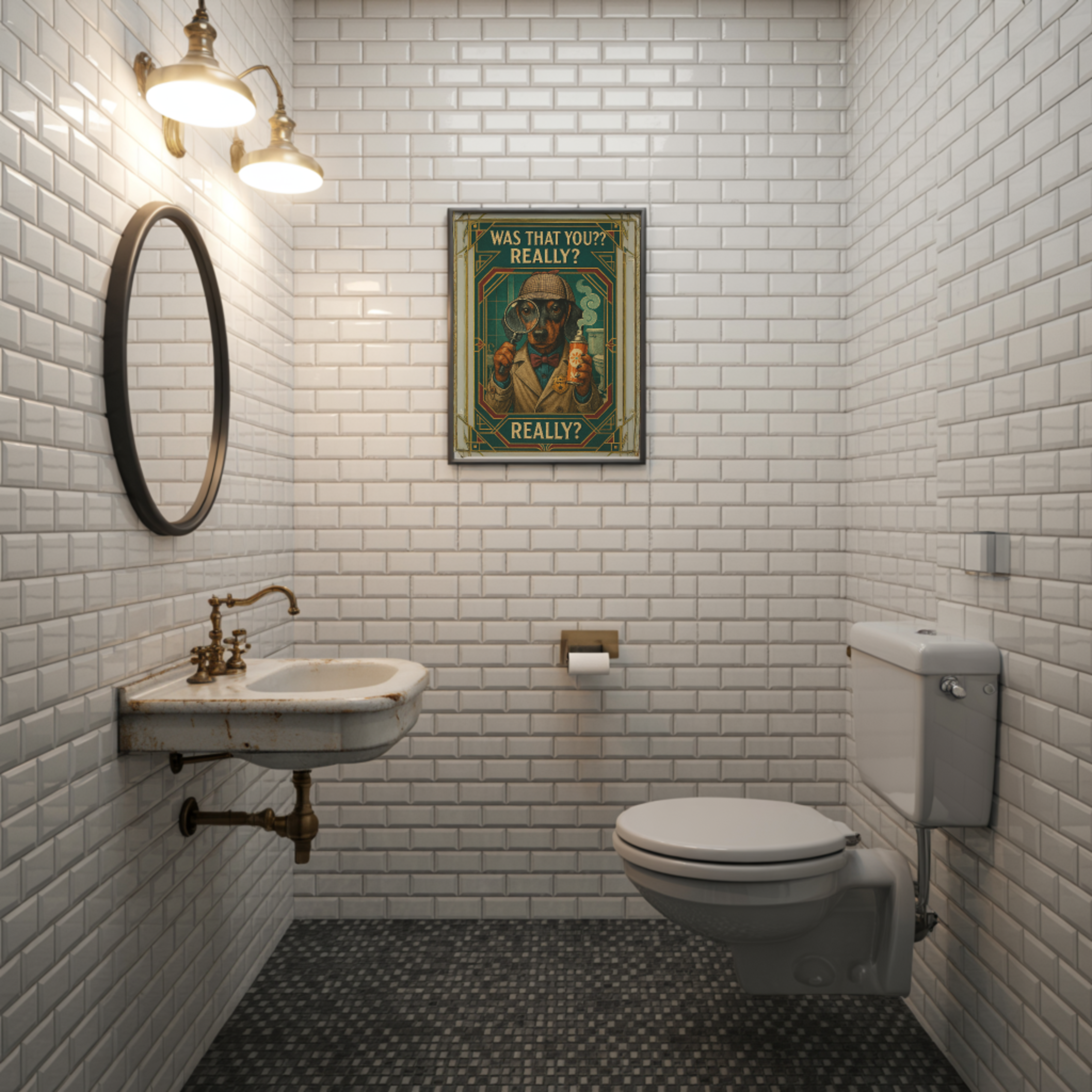 Toilet Inspector Dachshund Poster – Funny Bathroom Wall Art with Retro Detective Style