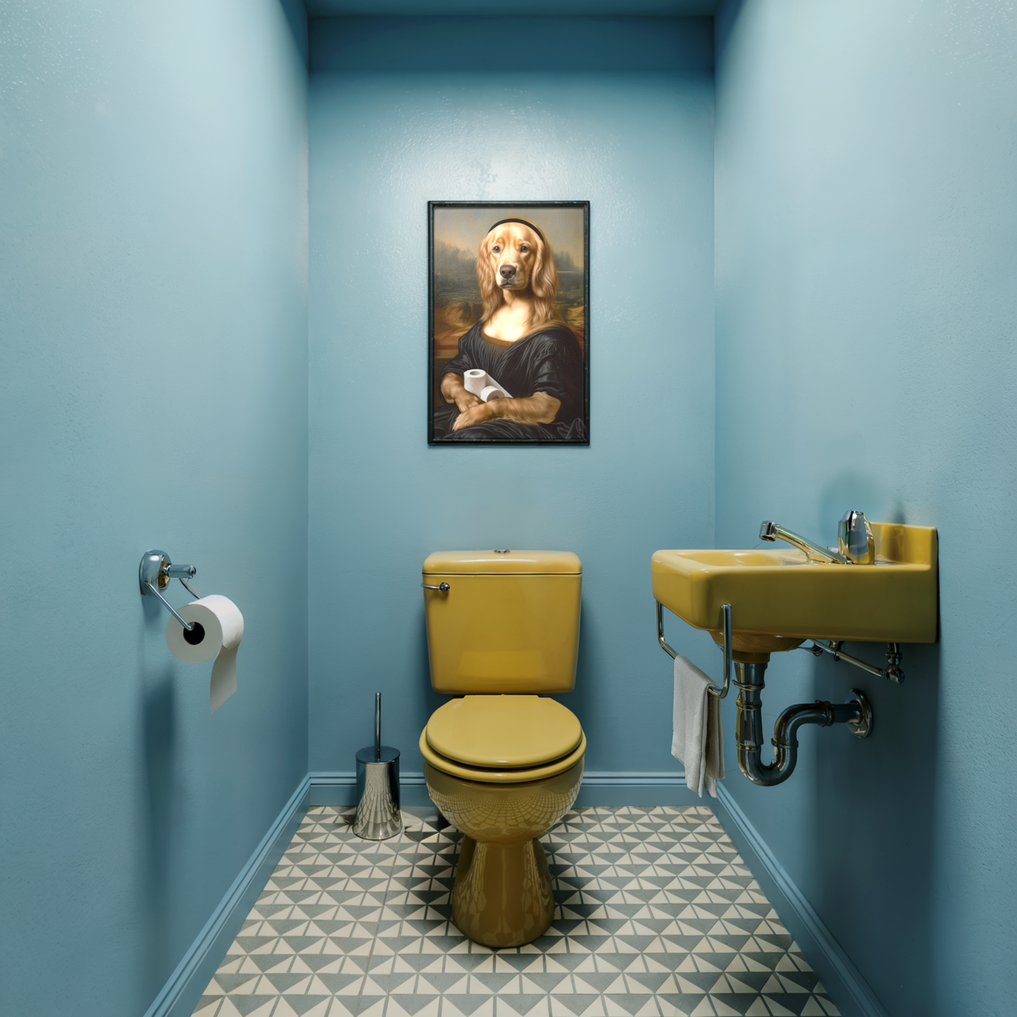 Mona Retriever Bathroom Poster – Funny Dog Parody Wall Art with Toilet Paper